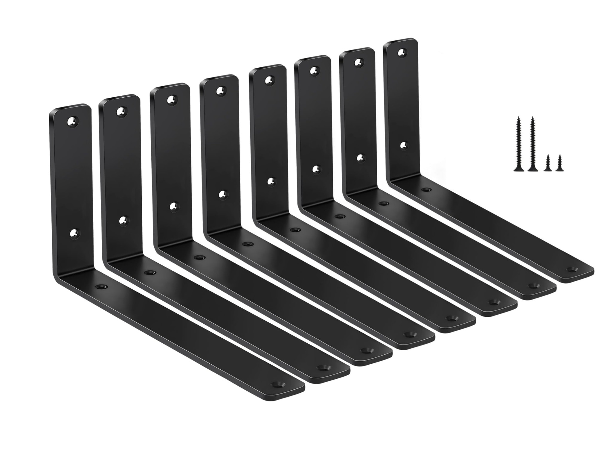 Vrbgify  8 pack black L shelf bracket heavy duty metal wall shelf supports 10 inch by 6 inch by 1 Half inch thick includes screws for home office