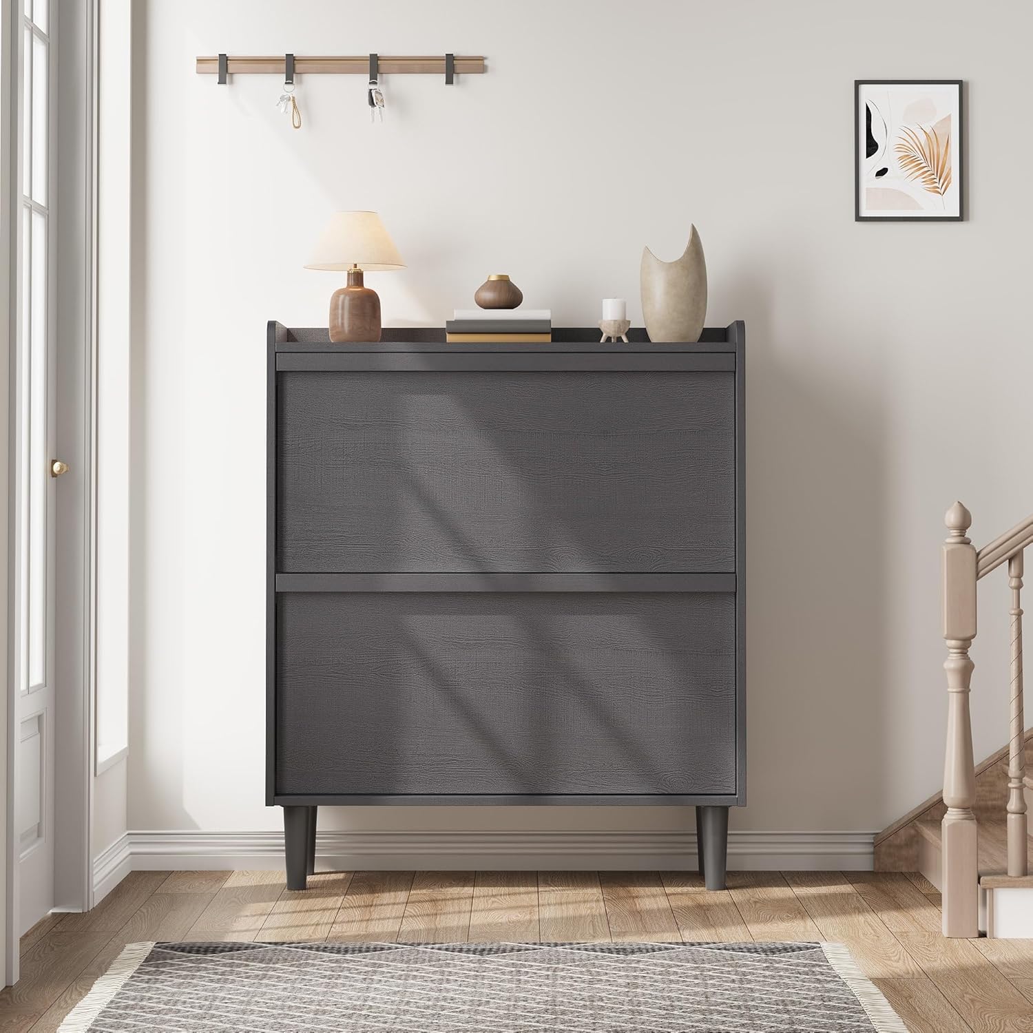 Qeetex Shoe Cabinet with 2 Flip Drawers Wooden Shoe Organizer Cabinet with Adjustable Shelf Shoe Storage for Entryway Hidden Shoe Cabinet for Hallway Living Room Black