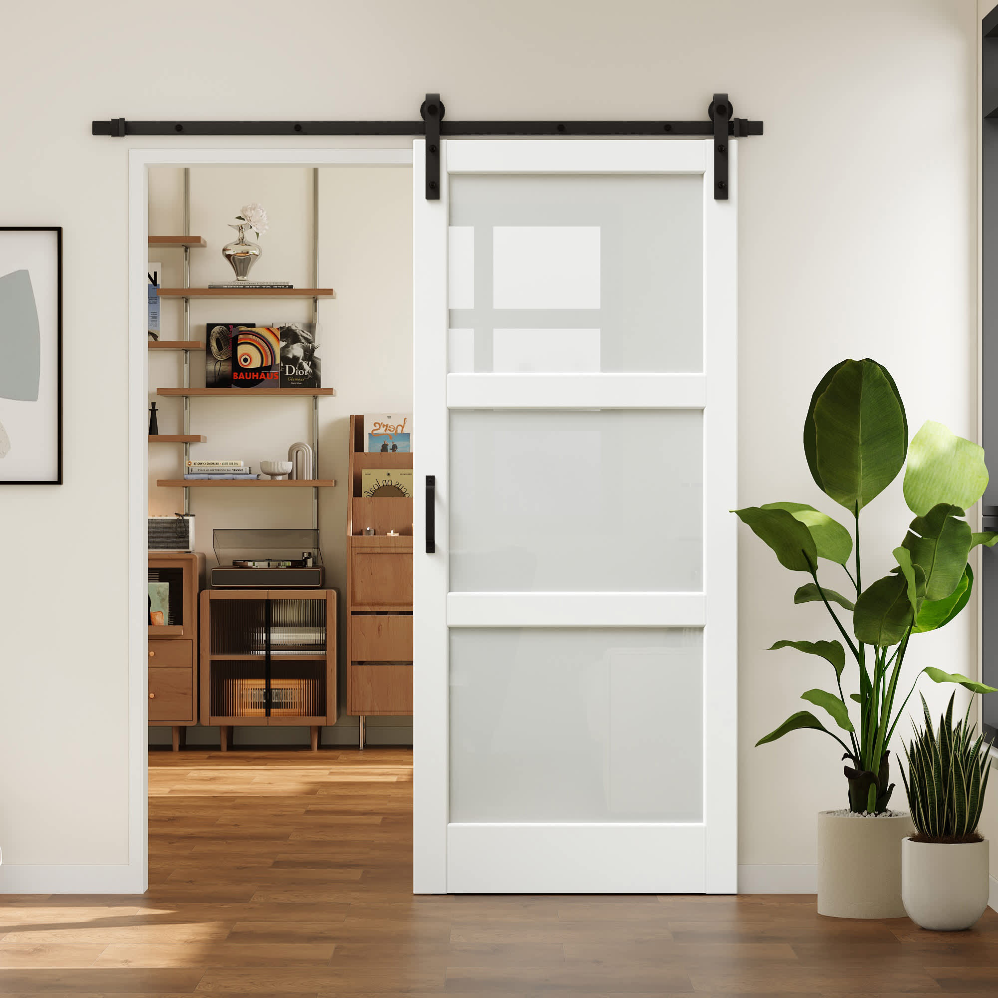 Ark Design 3 Lite Tempered Frosted Glass White Finished Composite MDF Sliding Barn Door Slab with Hardware Kit 36-in x 84-in