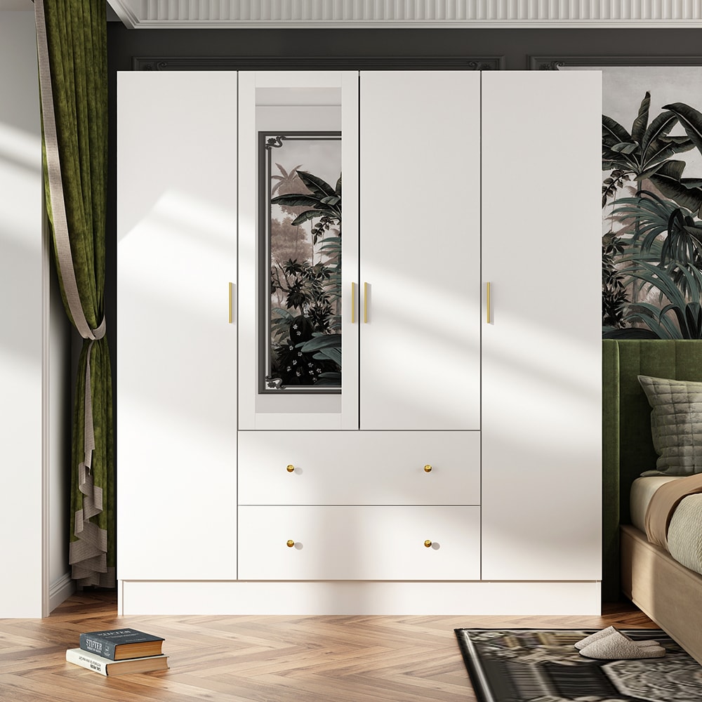  4-Door Wardrobe Armoire with Mirror Drawers Hanging Rods and Fixed Shelves 63''L x 19.7''W x 70.9''H White