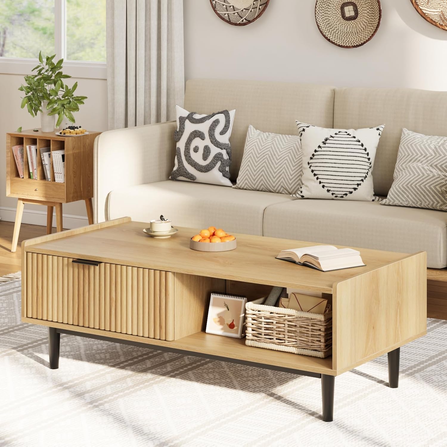 Qeetex CY-PHO-13R9V3Q9 43in Natural Wood Coffee Table with Drawers and Open Shelves Mid Century Rectangle