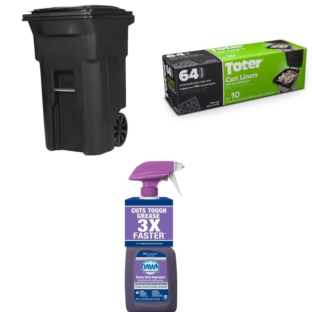Toter  64 Gallon Trash Can, Trash Bags and Clean Kit
