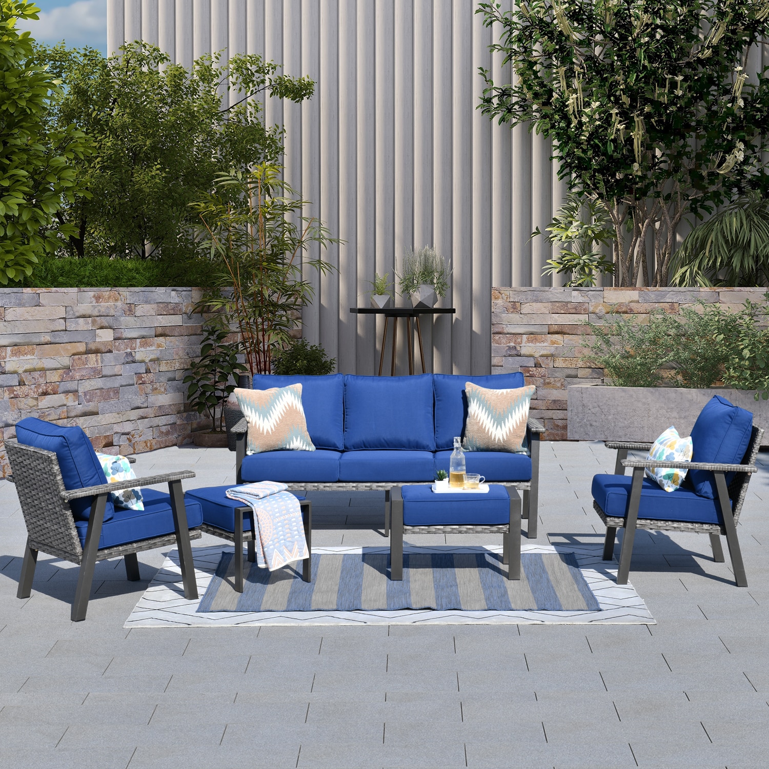 XIZZI XIHWC702 Aquarius 5 -Piece Wicker Patio Sofa Conversation Set with Blue Cushions