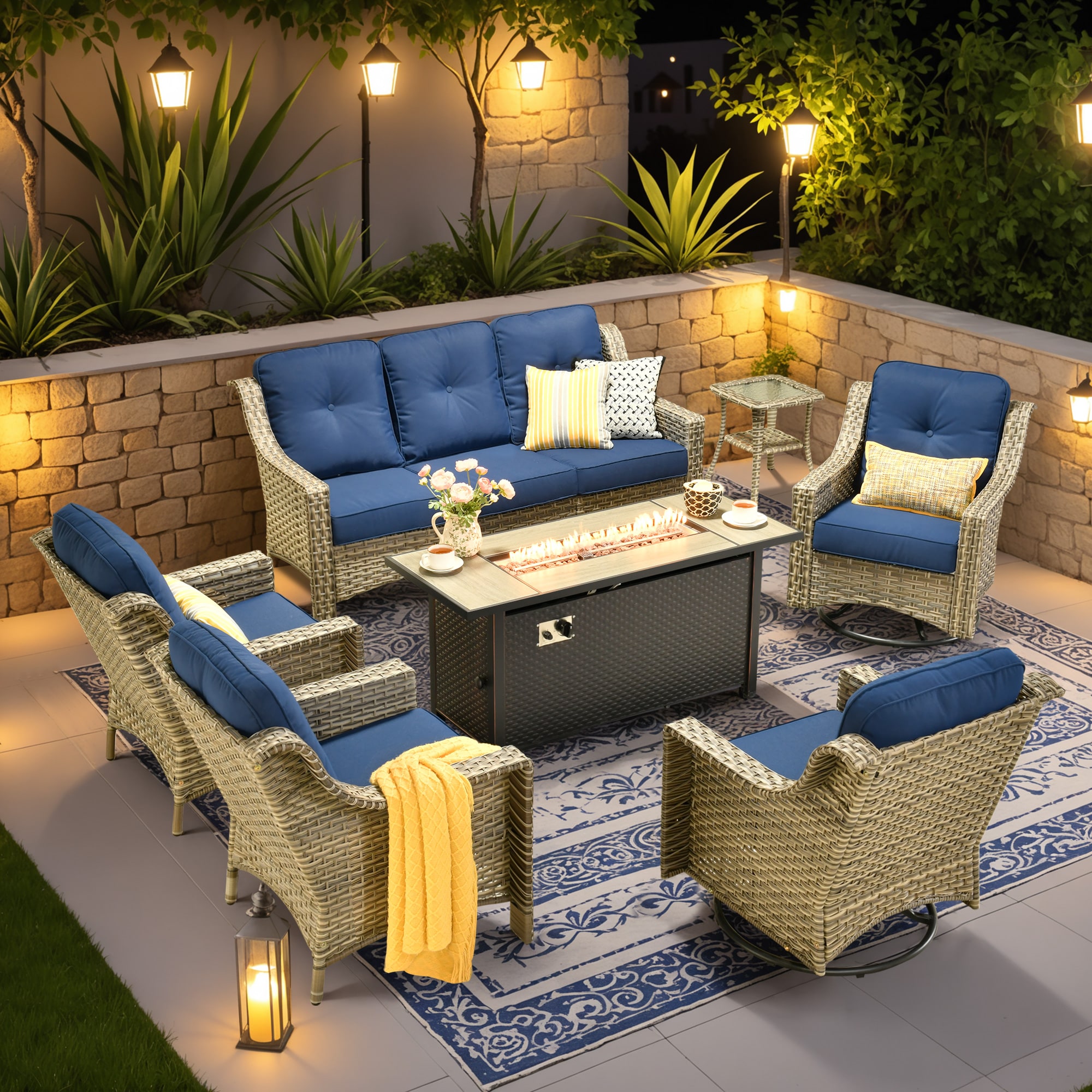 Ovios RFP5PD706Y-S 7 -Piece Rattan Patio Sofa Conversation Set with Navy Cushions