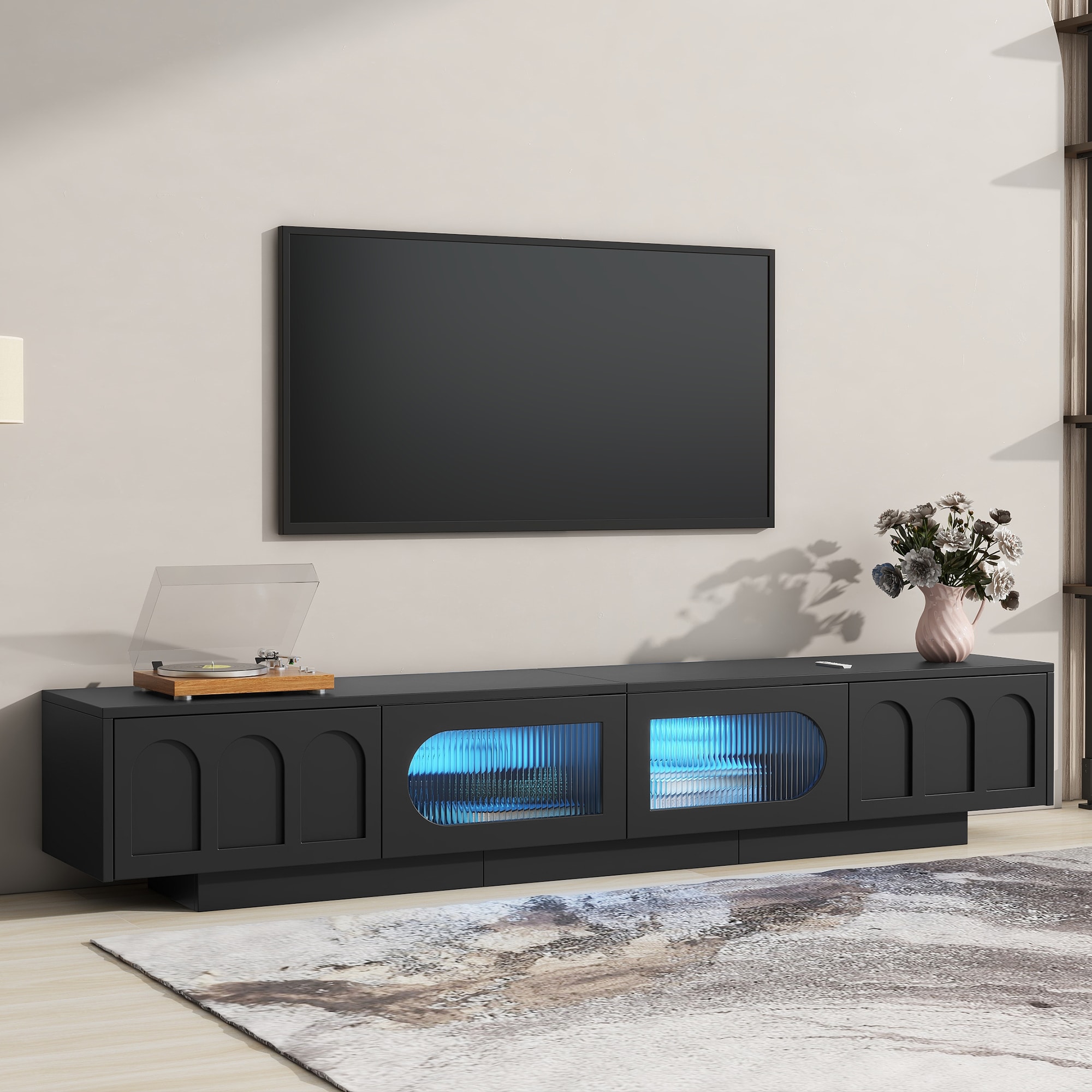 ModernLuxe WF531672AAB TV Stand with Fluted tempered Glass Doors for TVs Up to 95inch Functional Media Console with Arched Cabinet Doors Entertainment Center with APPControlled LED Light for Living Room Black