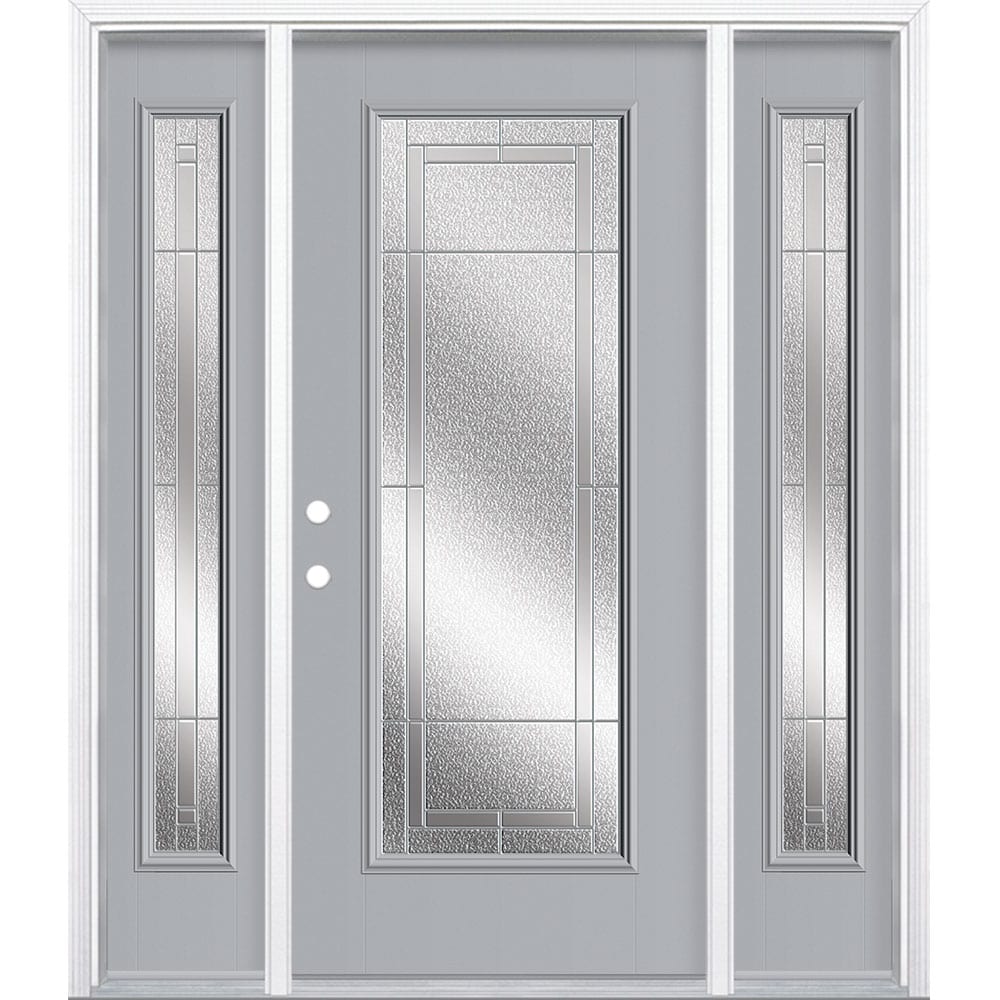 Masonite 3420166 Focus 60-in x 80-in x 4-9/16-in Fiberglass Full lite Right-hand inswing Infinity Gray Painted Prehung Front Door with Sidelights with Brickmould Insulating core