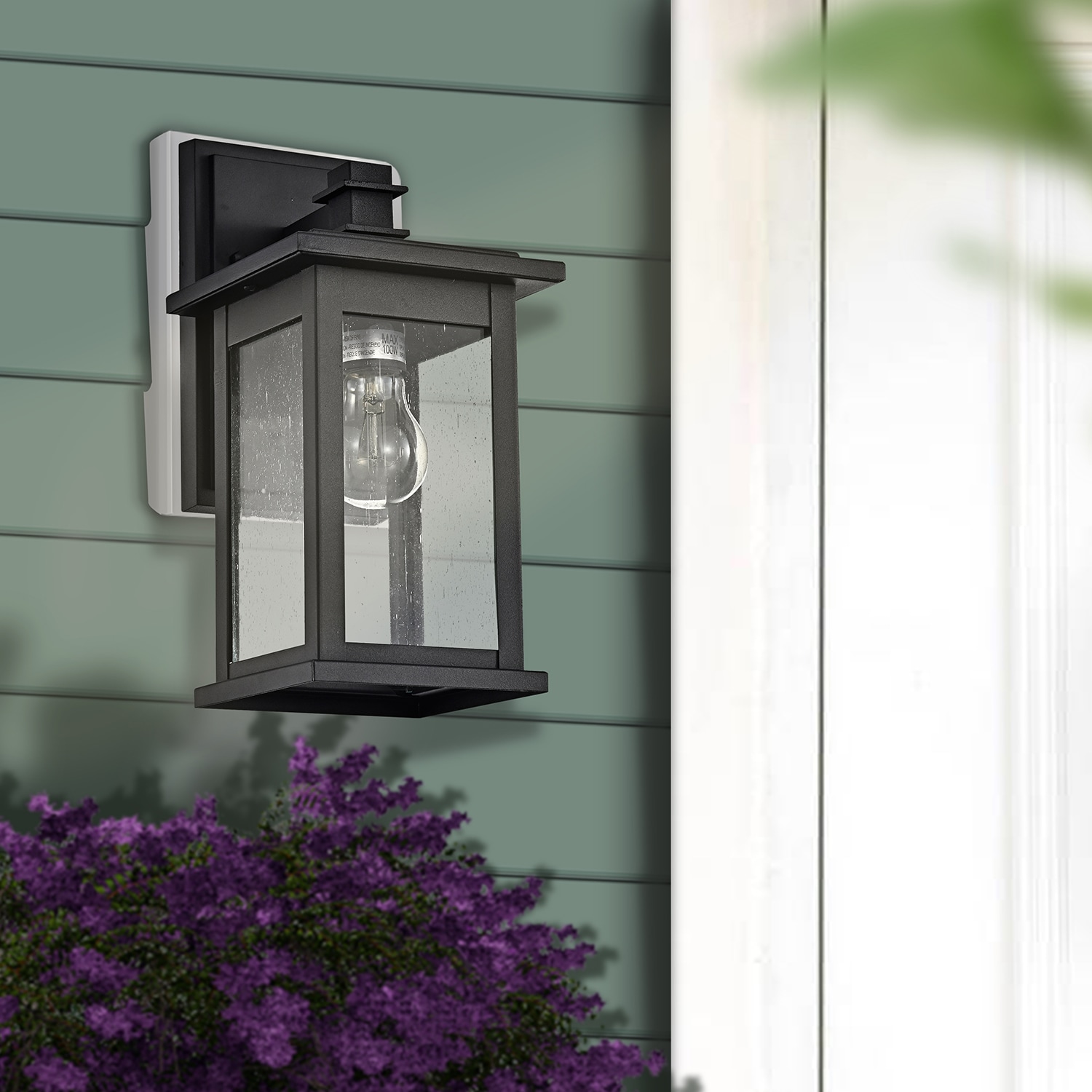Matte Black 12-Inch Square Outdoor Wall Lantern with Seeded Glass