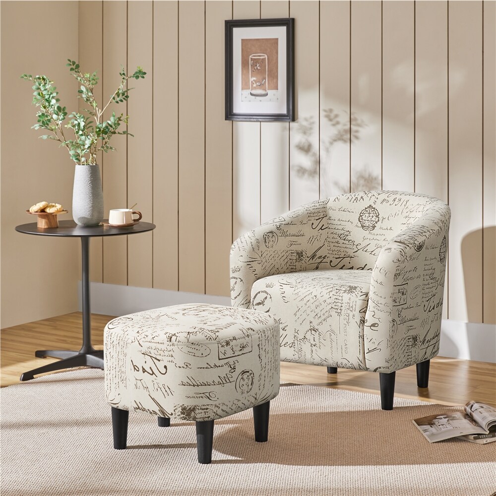 Yaheetech Letter Print Fabric Barrel Chair and Ottoman Set for Living ...