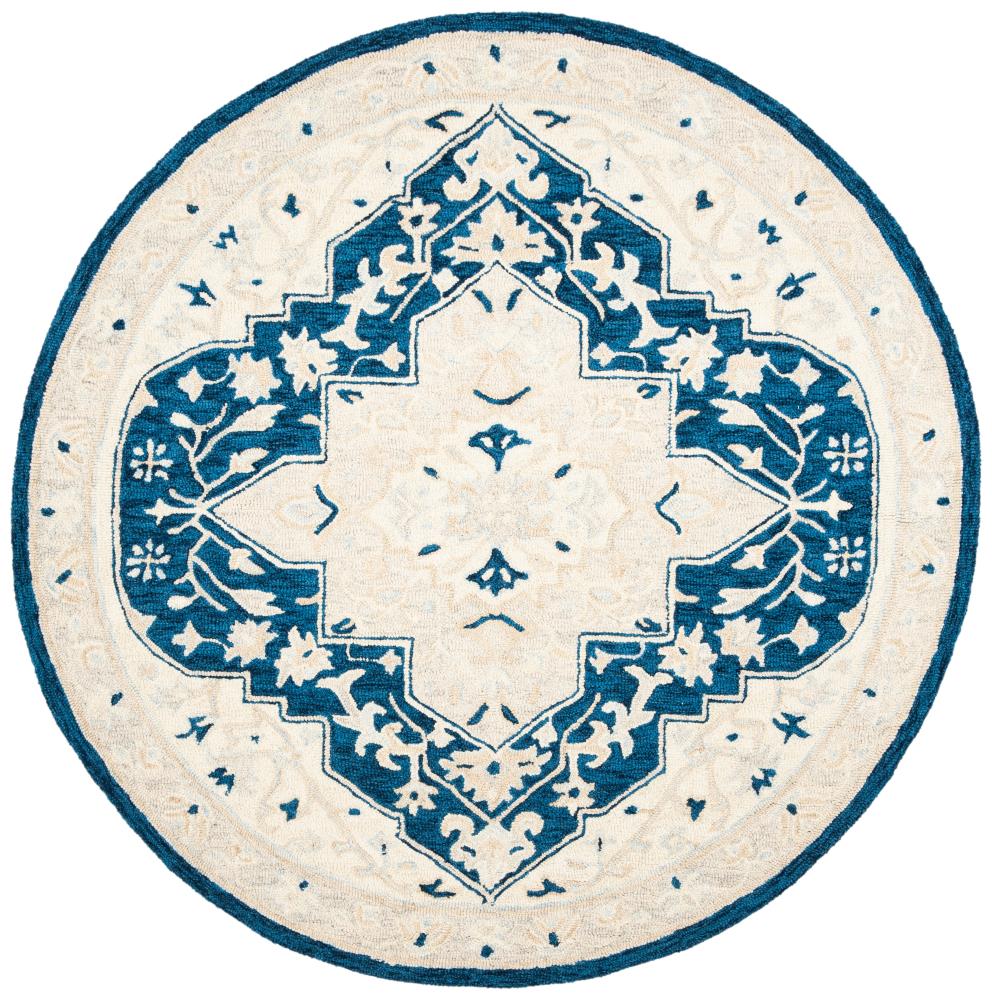 Safavieh MLP505N-5R Micro-Loop Balaque 5 x 5 (ft) Tufted Wool Navy/Ivory Round Indoor Floral/Botanical Vintage Area rug