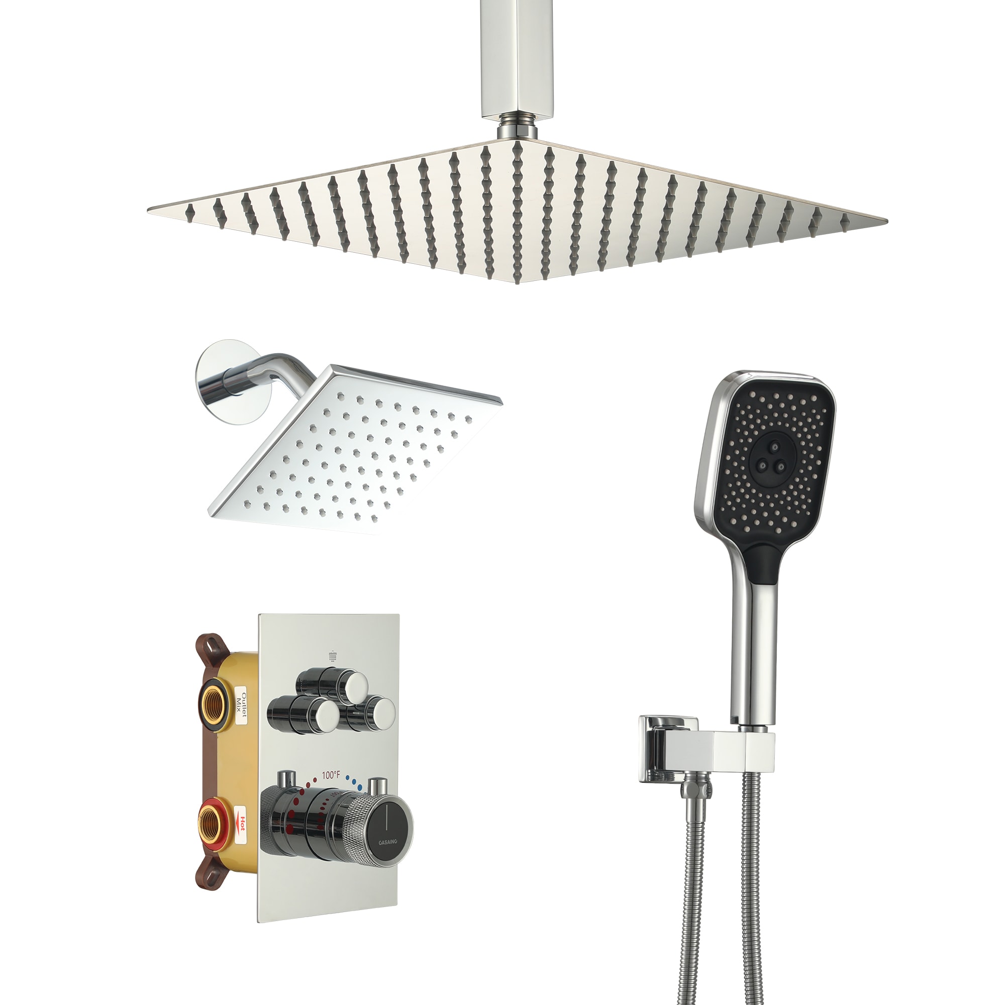 CASAINC TC15-VB Luxury Chrome 12-in Dual Head Built-In Shower Faucet System with 3-way Diverter ( Thermostatic Valve Included )