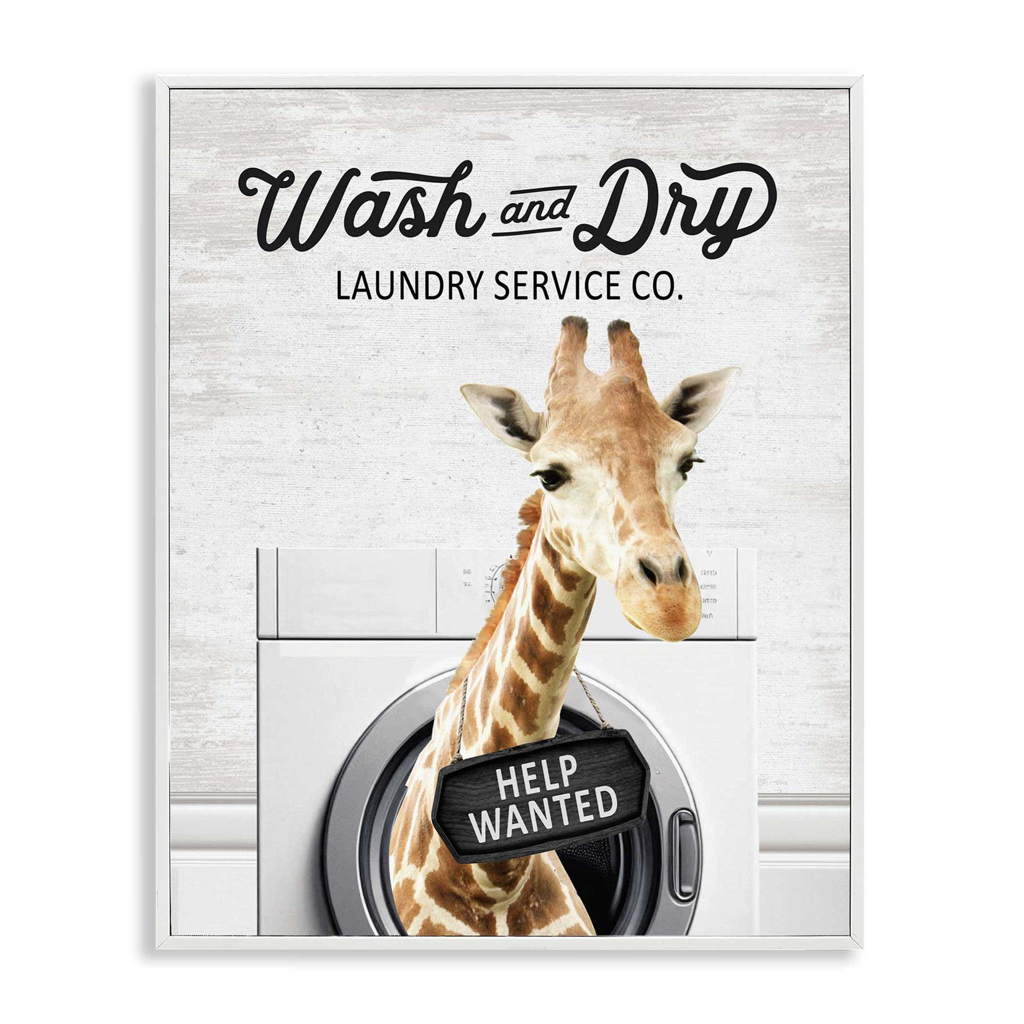 Stupell Industries BS-908-WFR-24X30 Wash and Dry Laundry Giraffe White Framed Giclee Art By Lettered and Lined 24 x 30