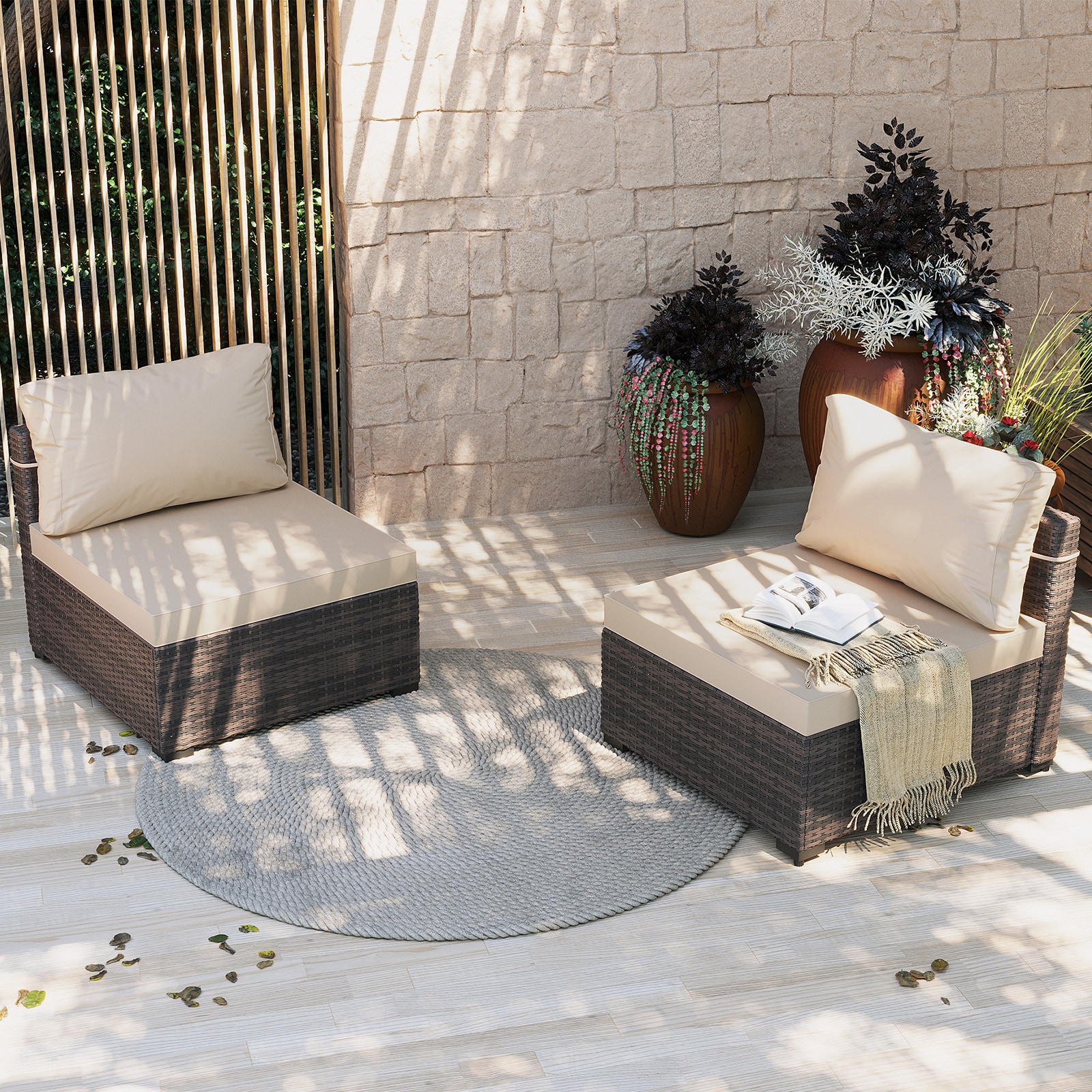 UPHA T4Y-BE 2 Person Patio Armless Conversation sofa set with Beige Cushions 2 -Piece Rattan Patio Sofa Conversation Set with Beige Cushions