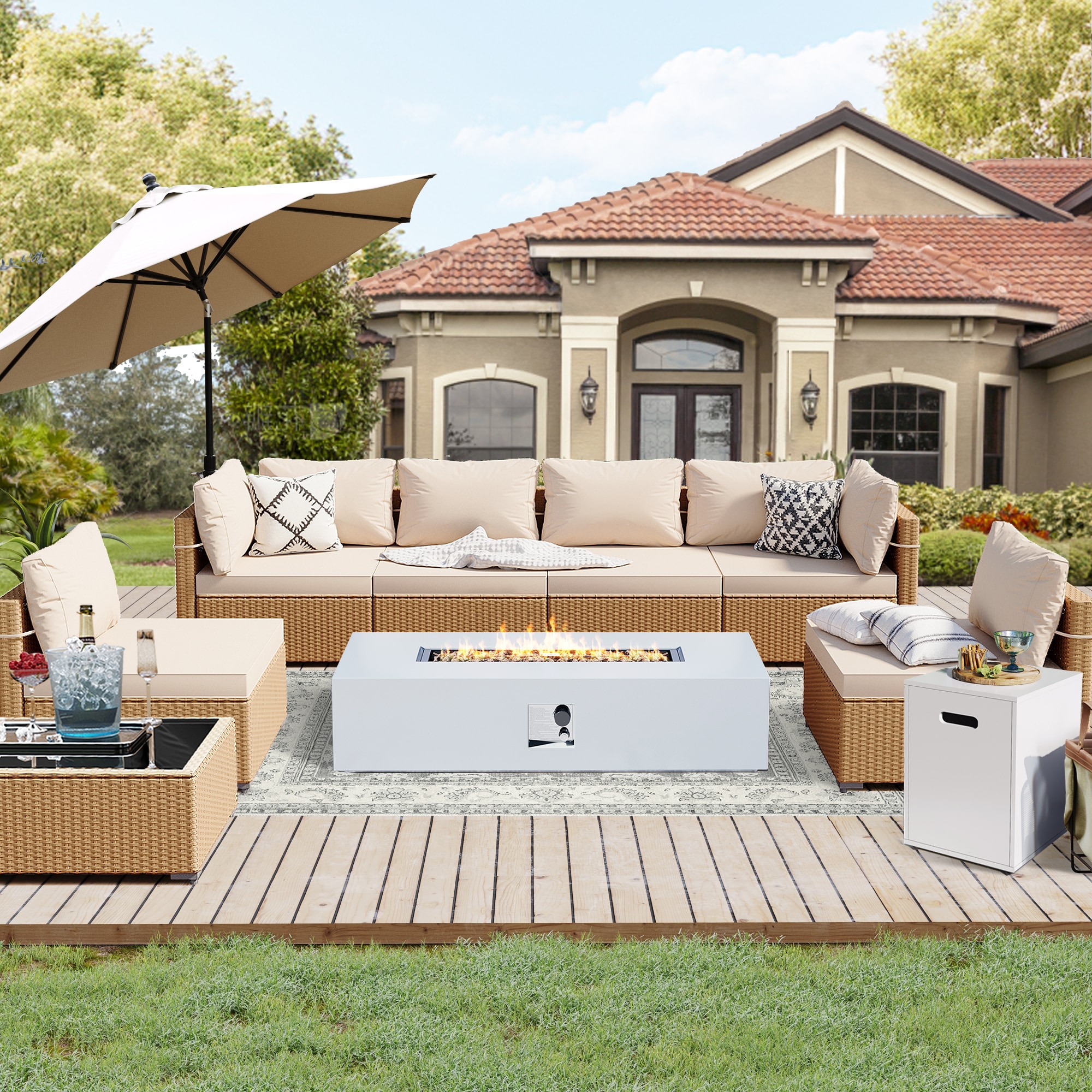 UPHA PL-2CZ-56TPWH-H1 9-Pieces Beige Wicker Patio Furniture Set With 56 in. Rectangular Iron Outdoor White Fire Pit Table, Conversation Set with Beige Cushions 9 -Piece Wicker 4 Patio Sofa Conversation Set with Beige Cushions