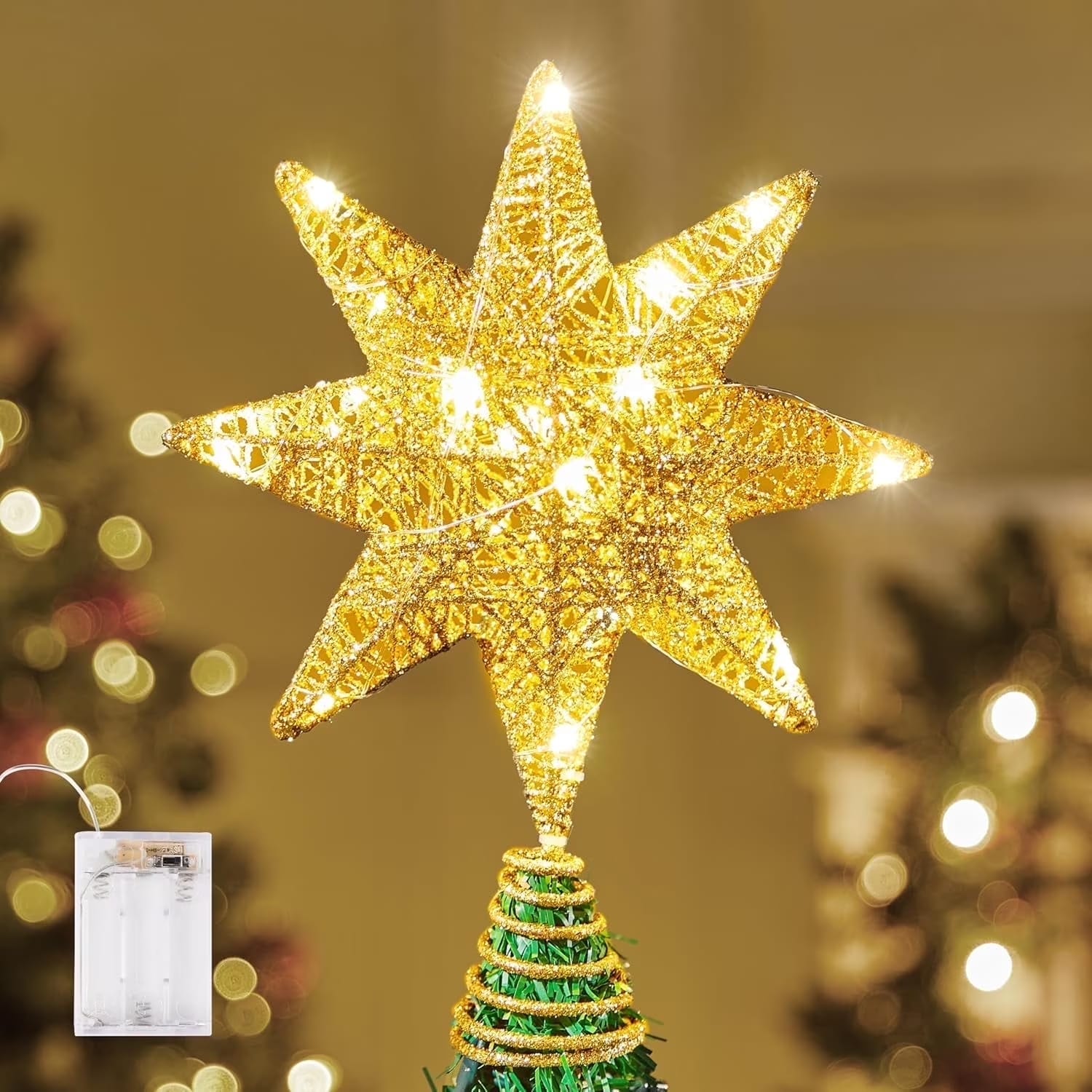 Joyfy 10 Christmas Tree Topper Gold Glitter 8-Point Star with Lights for Xmas New Year Light Up Tree Topper Christmas Tree Decorations