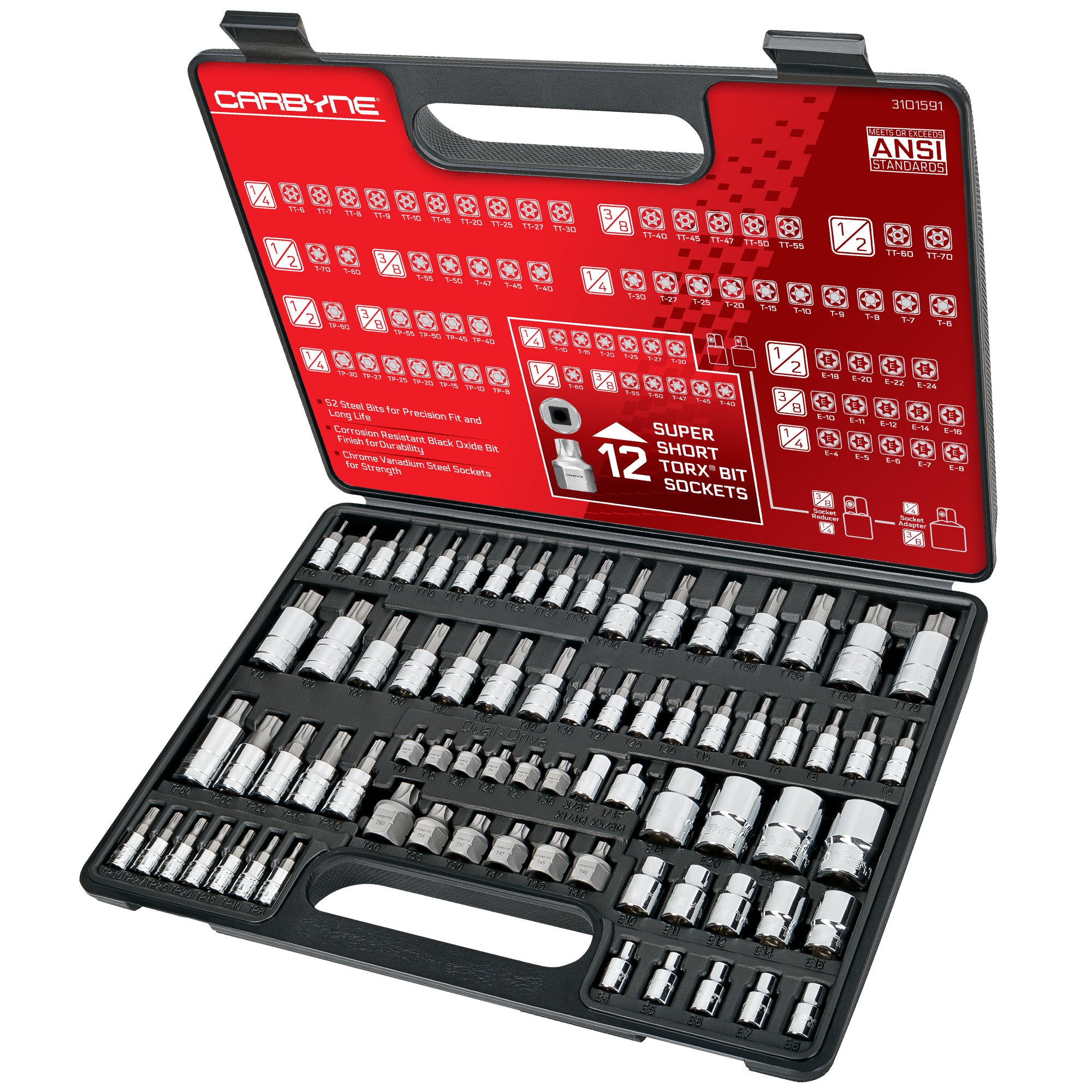 CARBYNE  74 -Piece Master Torx Bit Socket and E-Torx Socket Set with Super Short Low Profile S2 Steel 1/4 in and 3/8 in and 1/2 in Drive Genuine Licensed