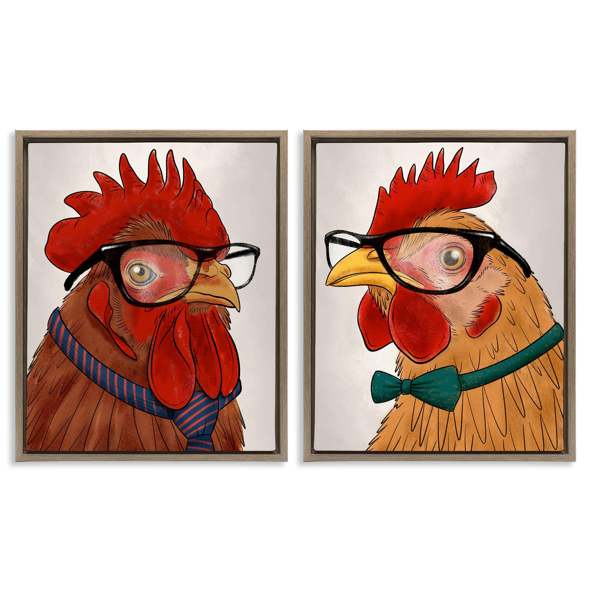 Stupell Industries B2-721-FFE-2PC-16X20 Quirky Hipster Roosters 2pc Floating Frame Set design by Marcus Prime
