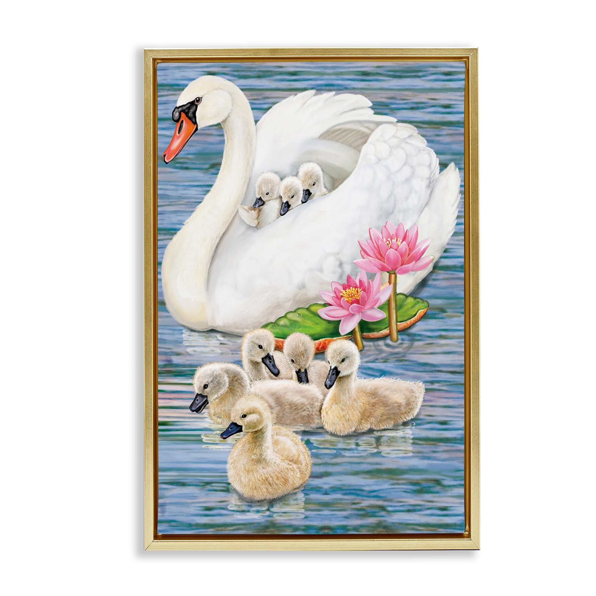 Stupell Industries BT-360-FFG-16X24 Swan Family and Lotus Flowers Gold Framed Floater Canvas Wall Art By Rosiland Solomon 17 x 25