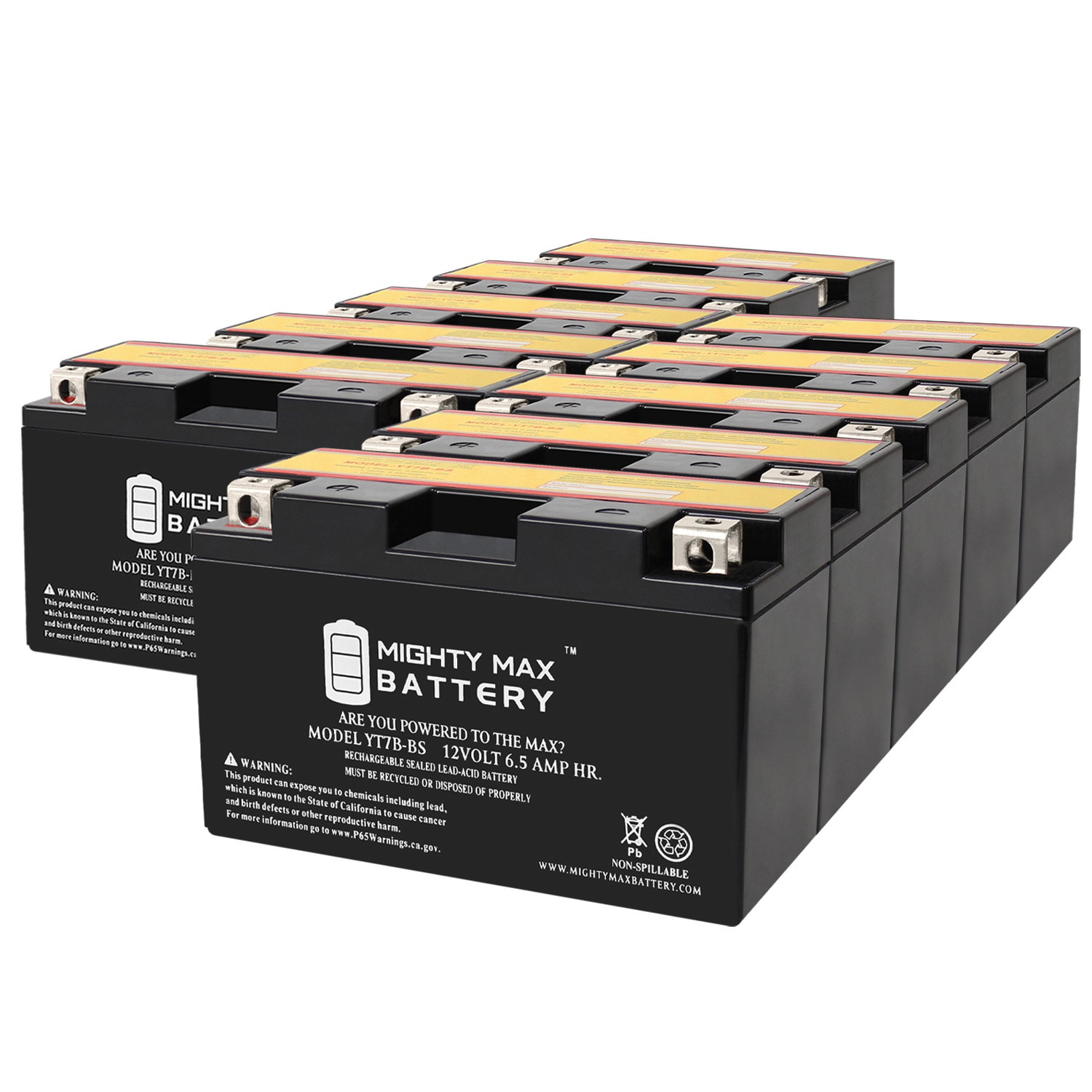 Mighty Max Battery MAX3991497 YT7B-BS -12 V 6.5 AH, 110 CCA, AGM Motorcycle Rechargeable Sealed lead acid 1260 Backup power Batteries 10 -Pack