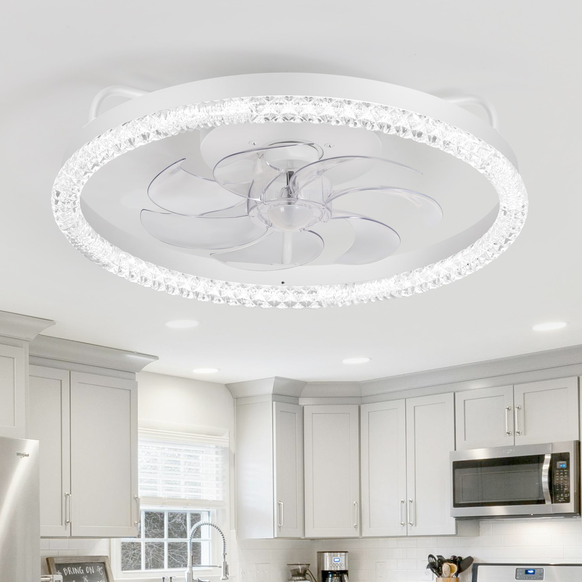 Breezary 33046-WH 20-in Flush Mount Matte White with Clear Blades Fandelier Ceiling Fan With Light - Remote Included ( 7 -Blade )