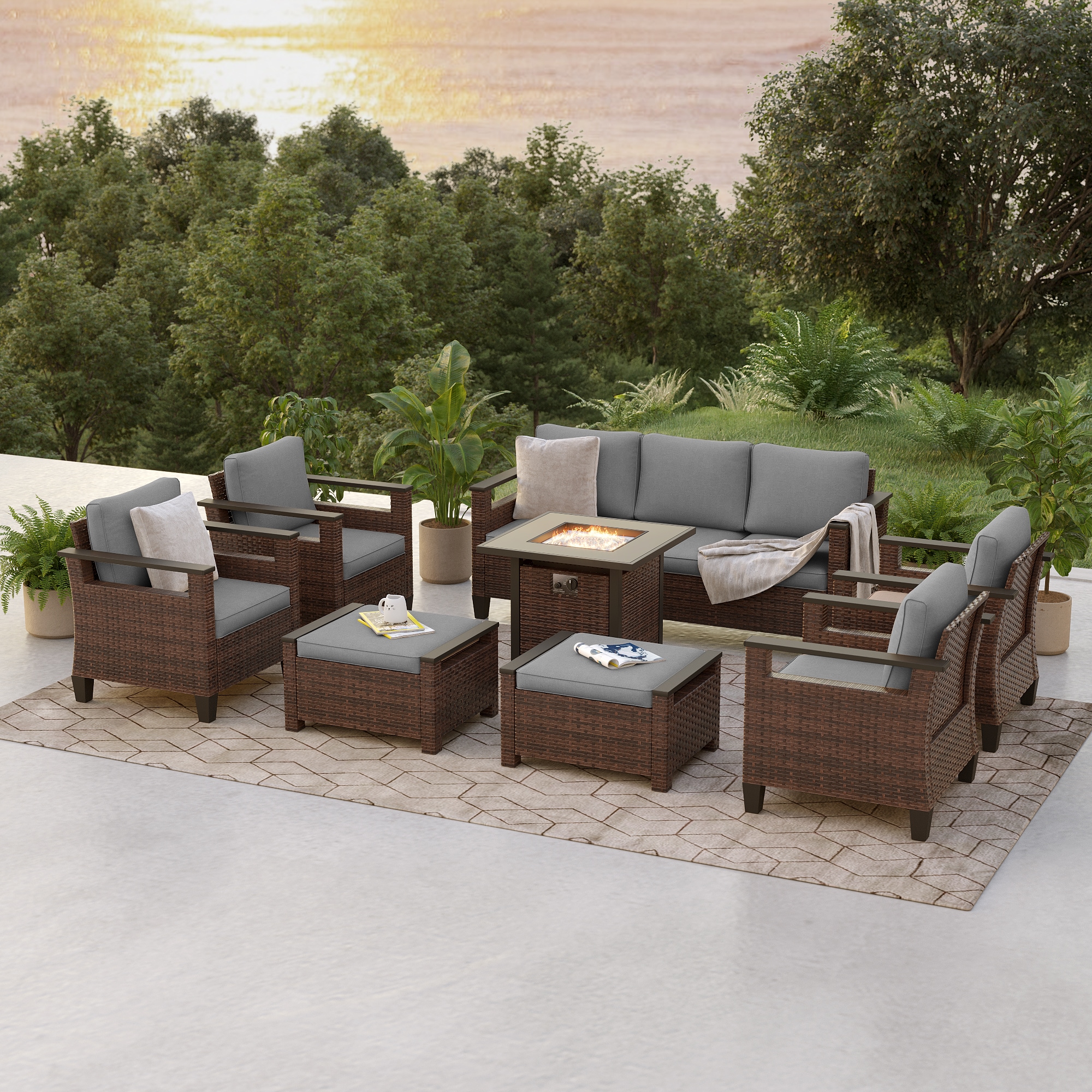 ACEGOSES LW-126BGY-S2T4 Skytop 8 -Piece Wicker Patio Sofa Conversation Set with Gray Cushions