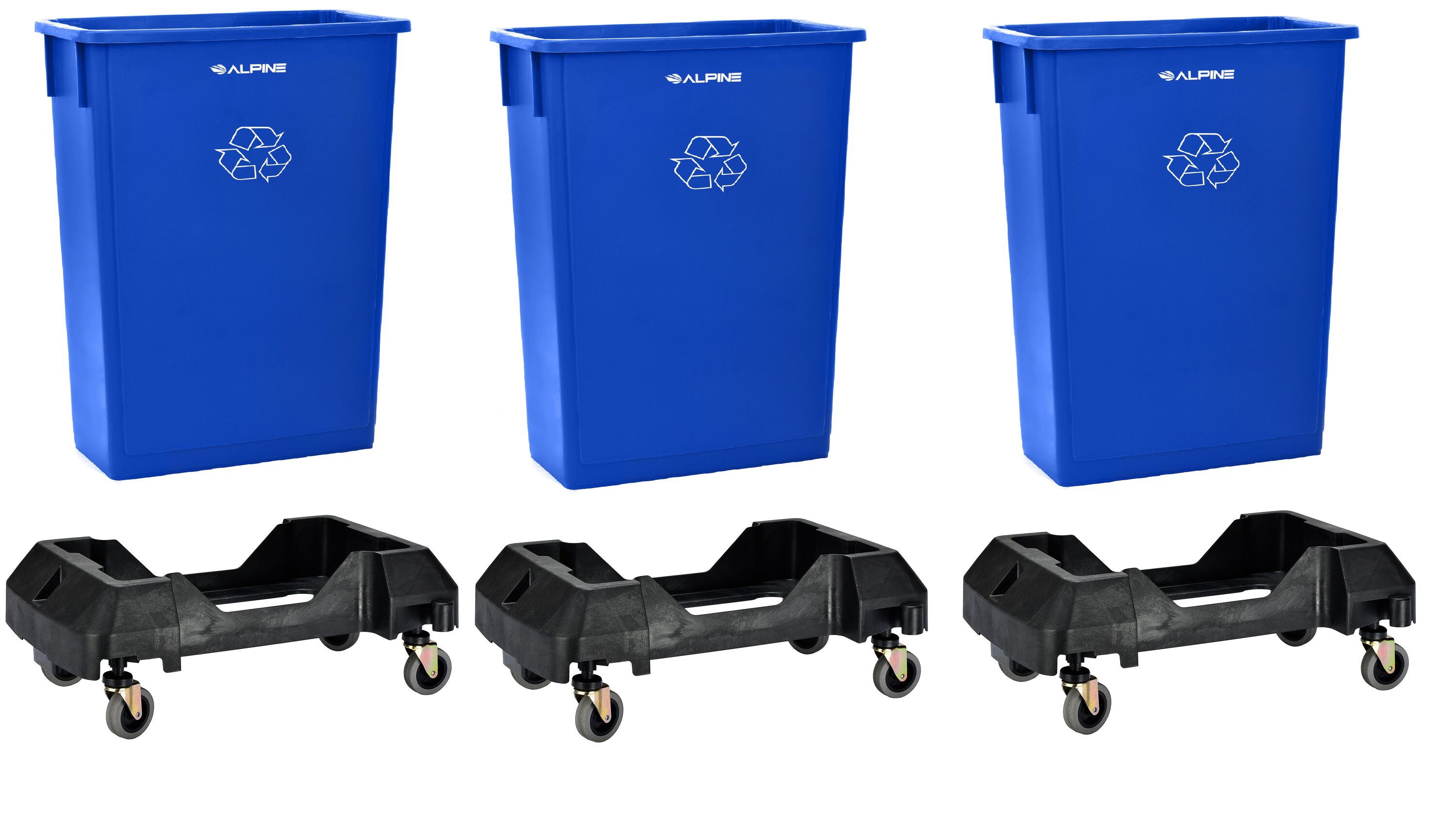 Alpine Industries 23 Gallon Blue Commercial Slim Indoor Recycling Bin with Trash Can Dolly 3-Pack (Weight Capacity: 200-lb )