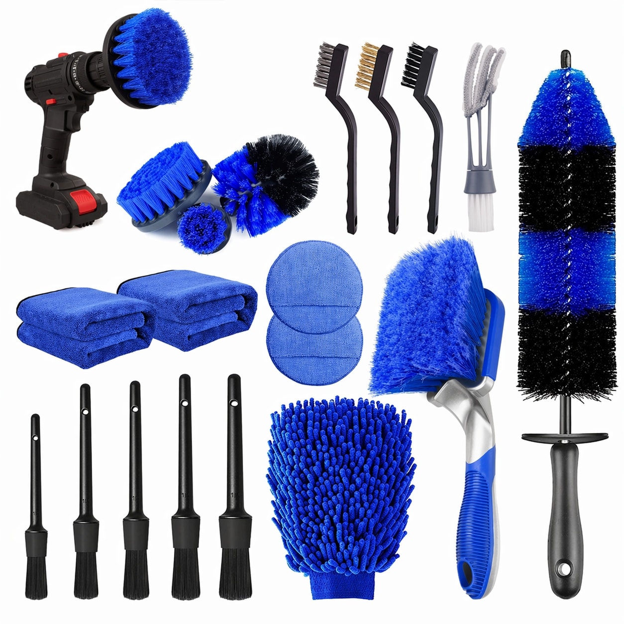 LAIFUCAM  20 pcs Car Detailing Kit with Drill Brush Attachments Long Handle Wheel Brush Tire Brush Microfiber Towels Applicators for Interior