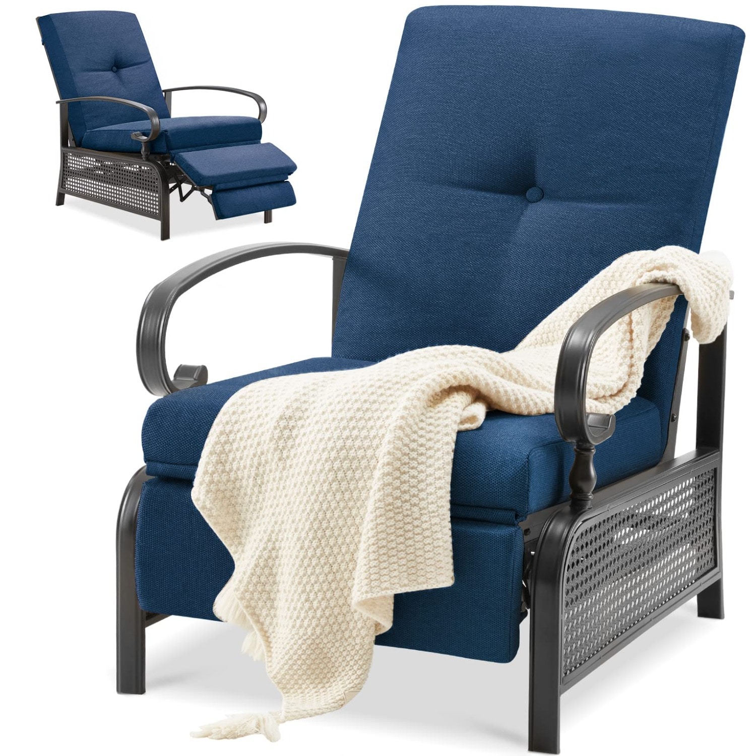 AECOJOY 16225BU-LS01 Patio chair Black Metal Frame Stationary Recliner Chair with Blue Cushioned Seat
