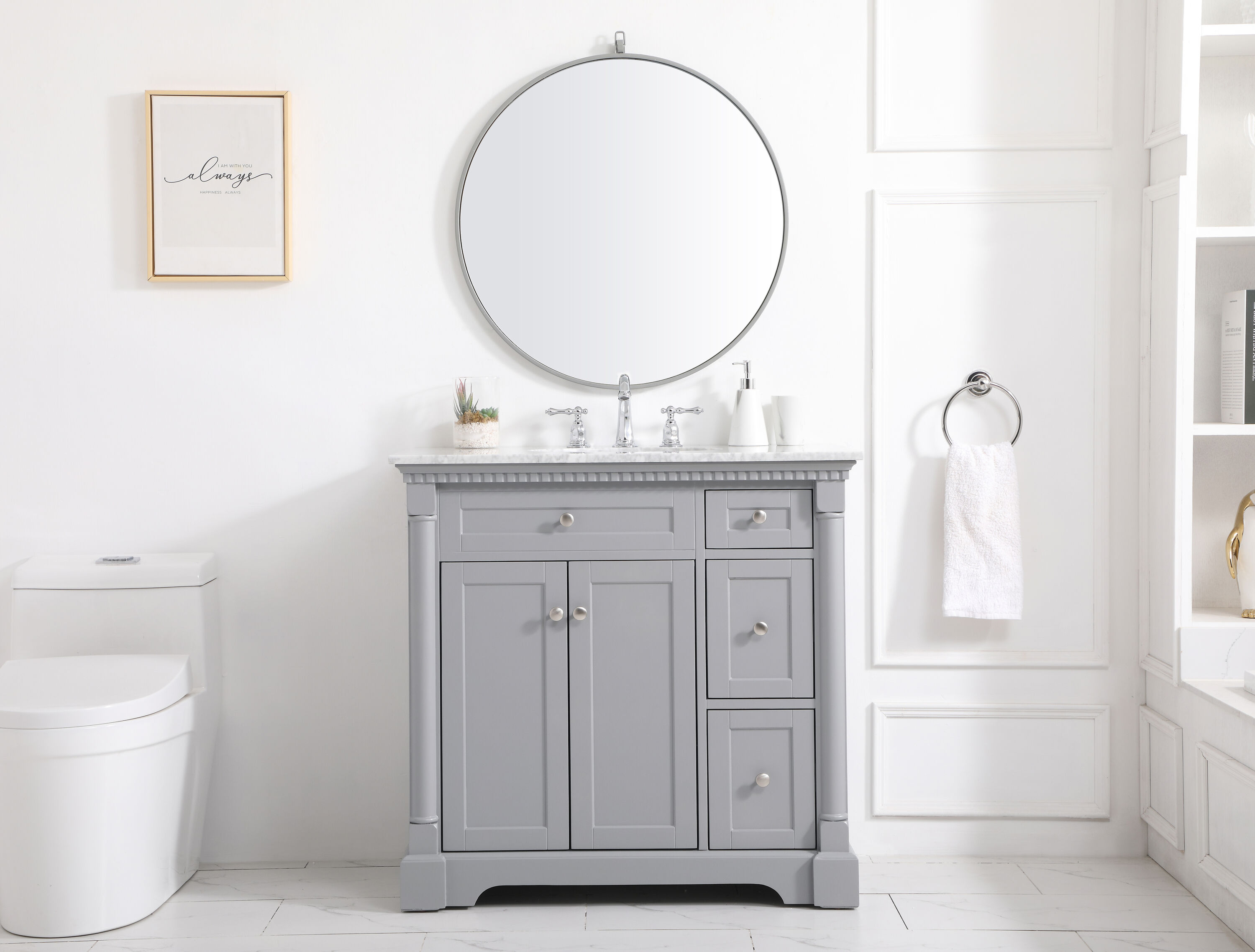 Clarence 36" Gray Solid Wood and Marble Single Bathroom Vanity