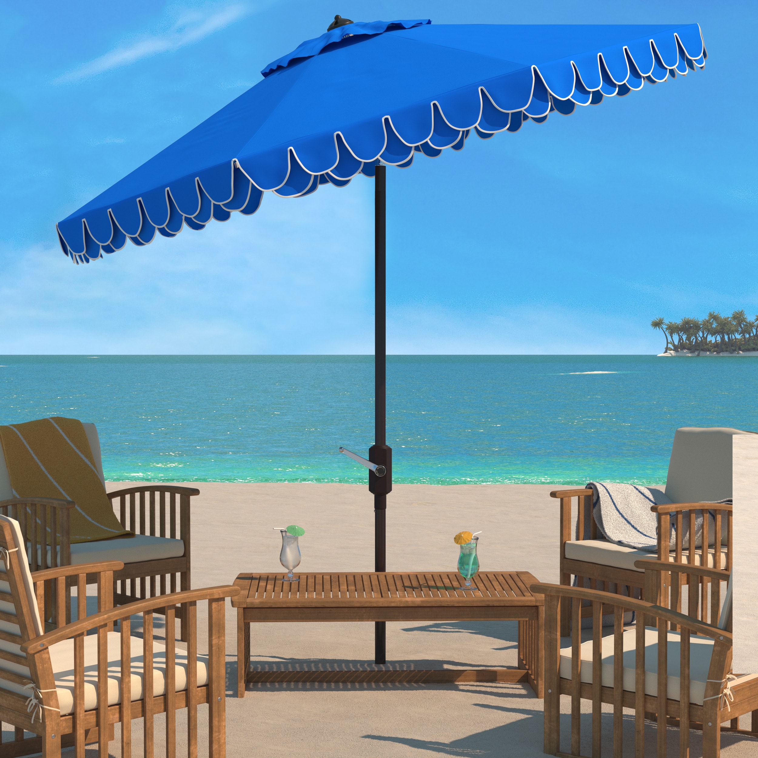 Navy and White 9ft Auto Tilt Patio Umbrella with Scalloped Edges