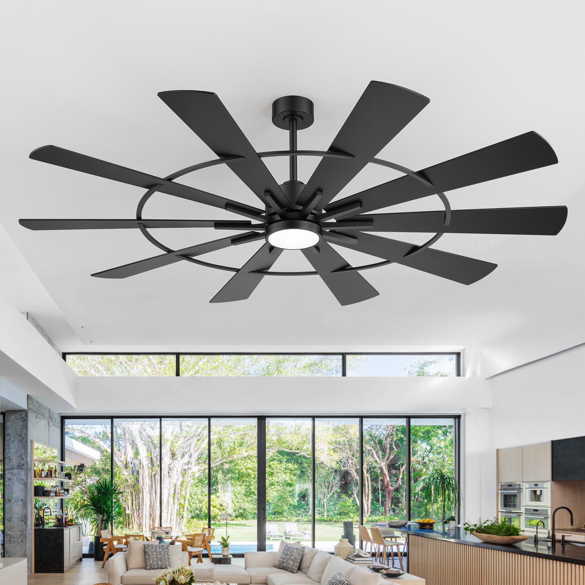 Breezary 72-in Matte Black with Black and Walnut Blades LED Ceiling Fan With Light and Remote Control Included 10 -Blade