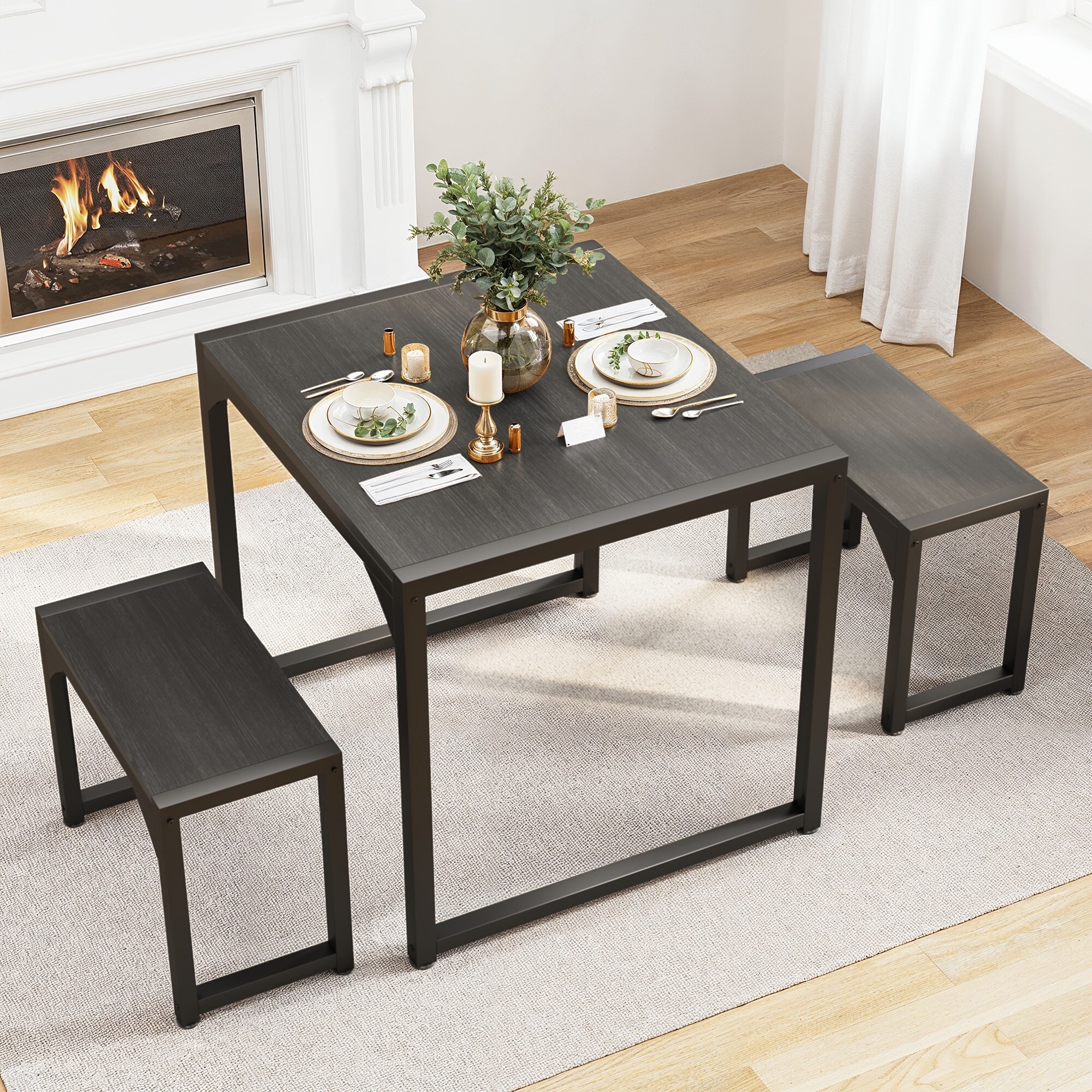 Lofka Dining Table Set for 2 Kitchen Table with 2 Benches Steel Frame Space Saving Dining Table Set for Small Space Restaurant Living Room/College Dorm/Black