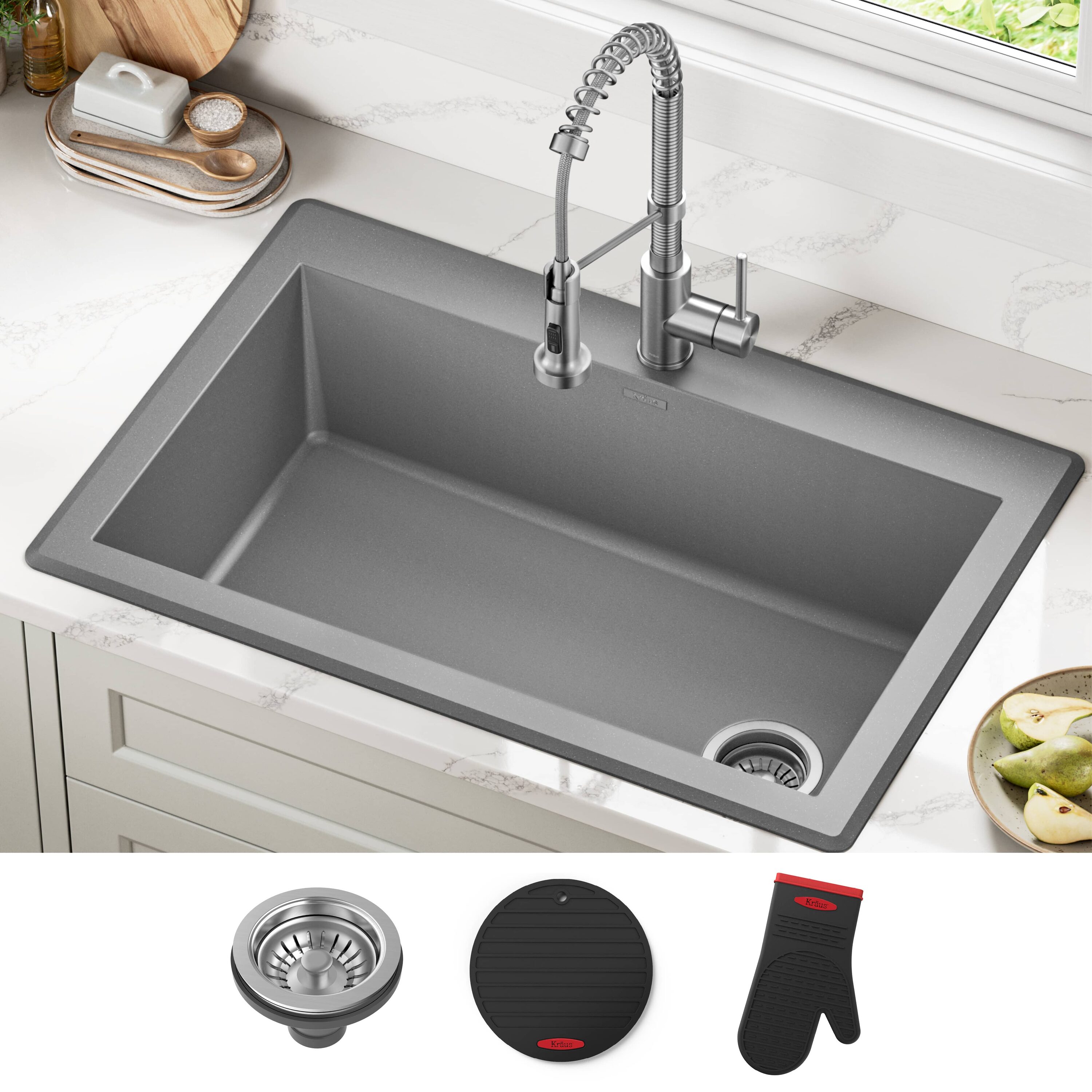 Kraus KGD-54GREY Forteza Drop-in or undermount 33-in x 22.0-in Granite Single bowl 1-Hole Kitchen Sink