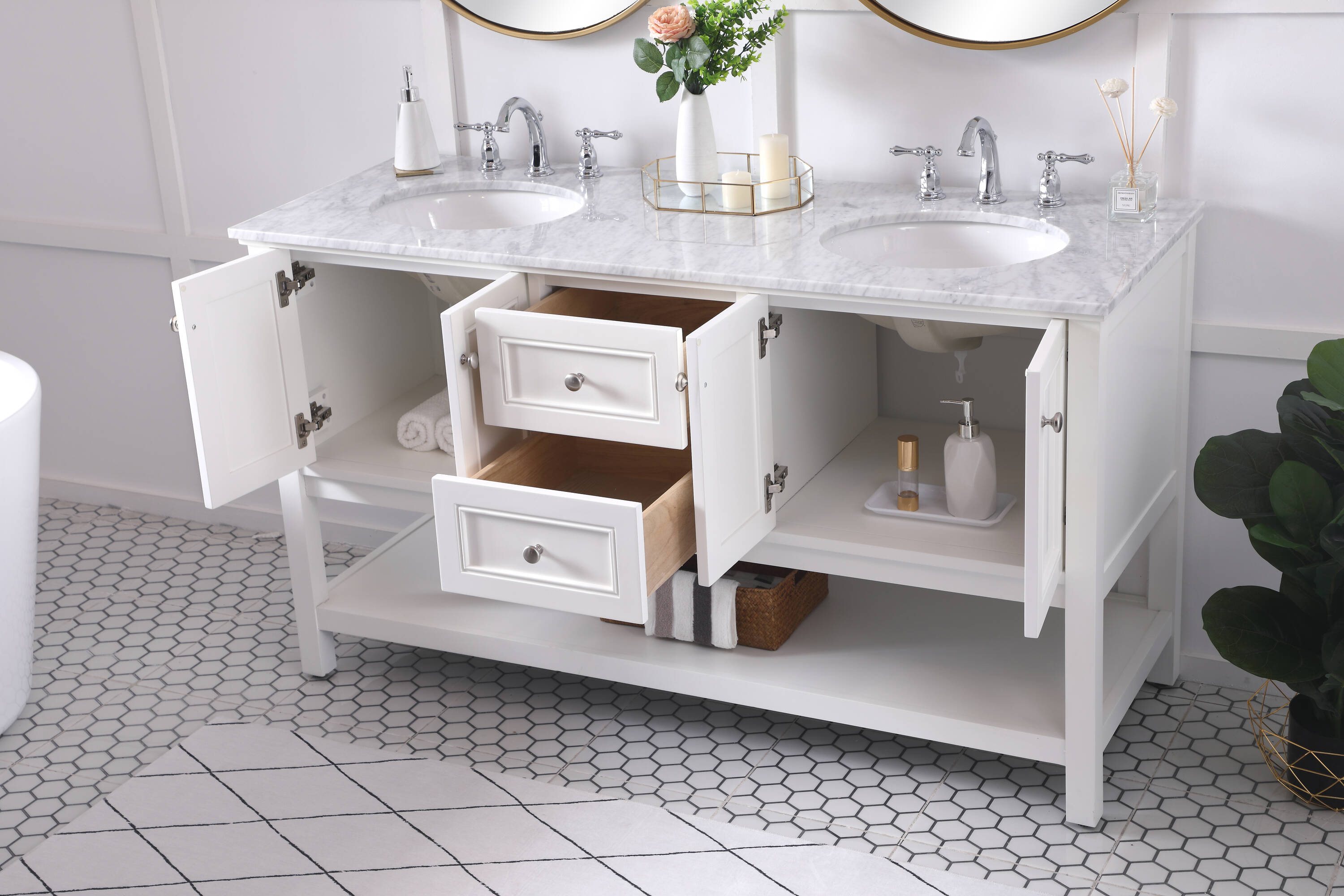 White Double Sink Freestanding Vanity with Marble Top