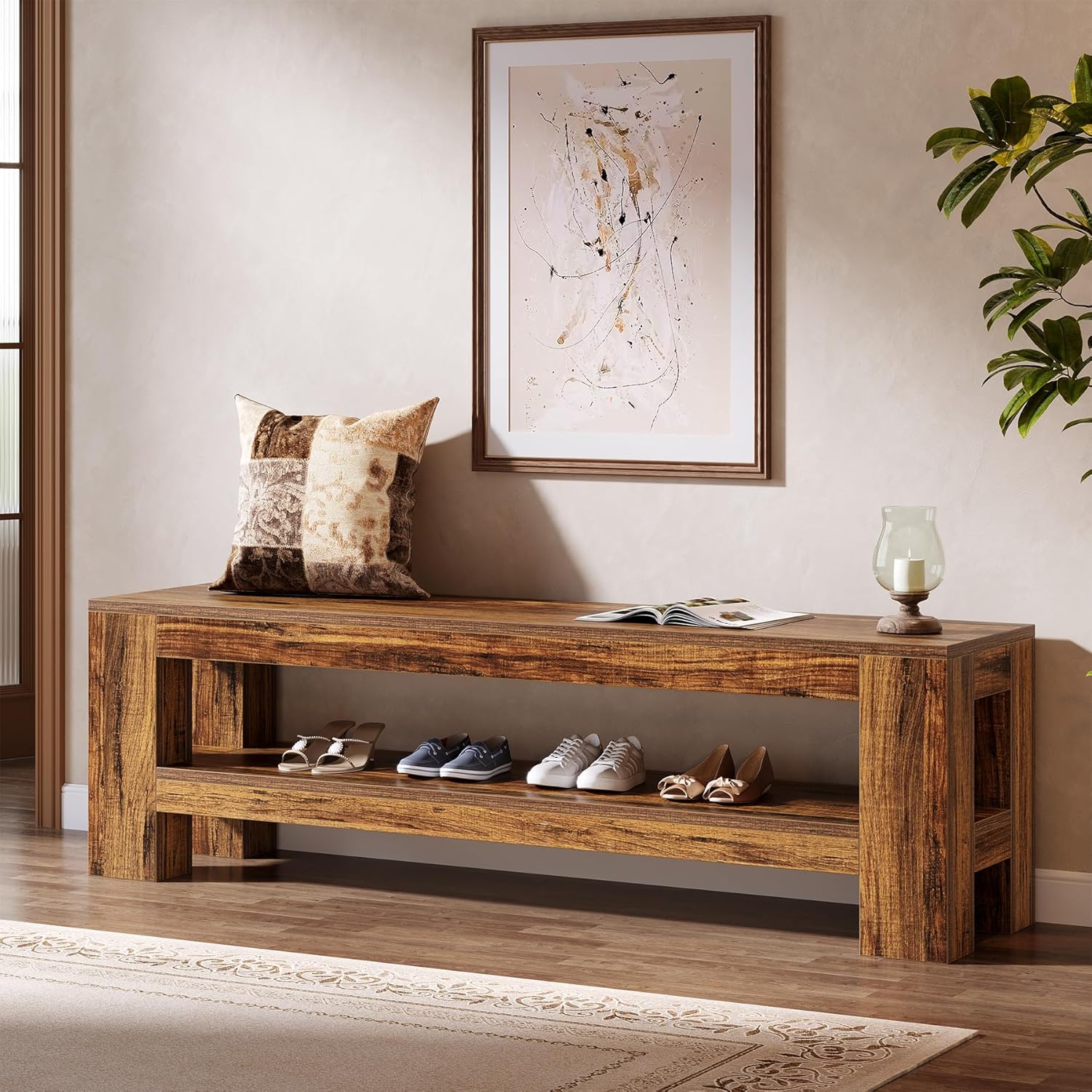 Tribesigns Farmhouse Rustic Brown 2 Tier Entryway Bench with Shoe Storage 59 W x 13.8 D x 17.7 H