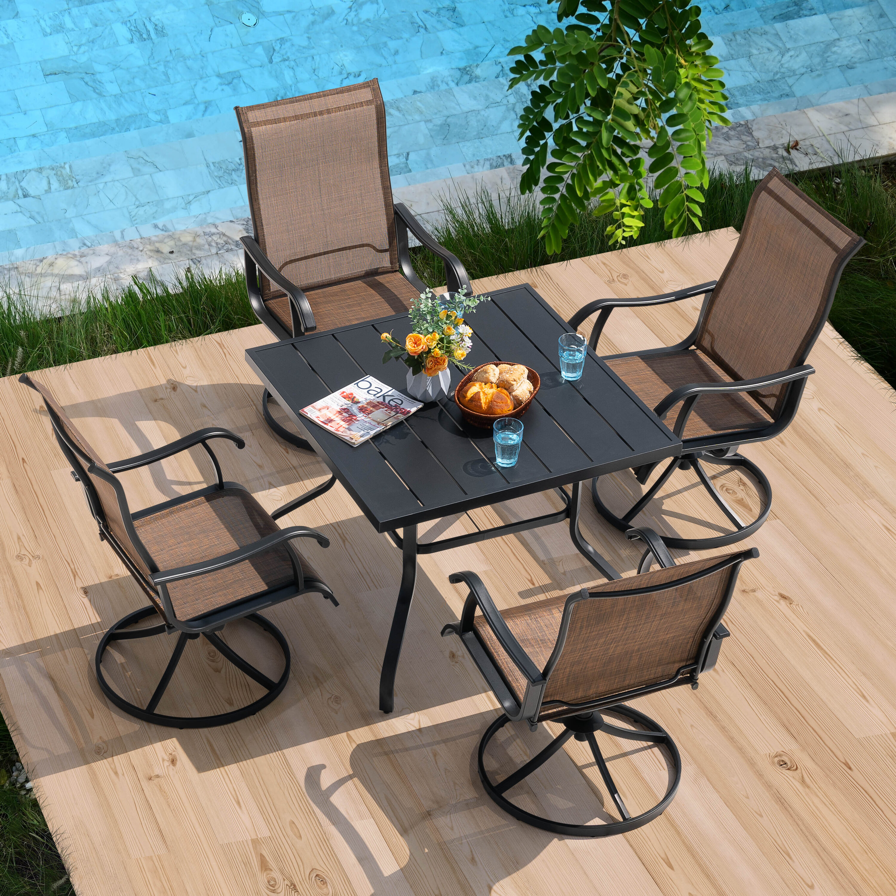 Nuu Garden SD006S-T2BK-LS 5 -Piece Black Patio Dining Set Iron Square Table with 4 Brown Swivel Chairs
