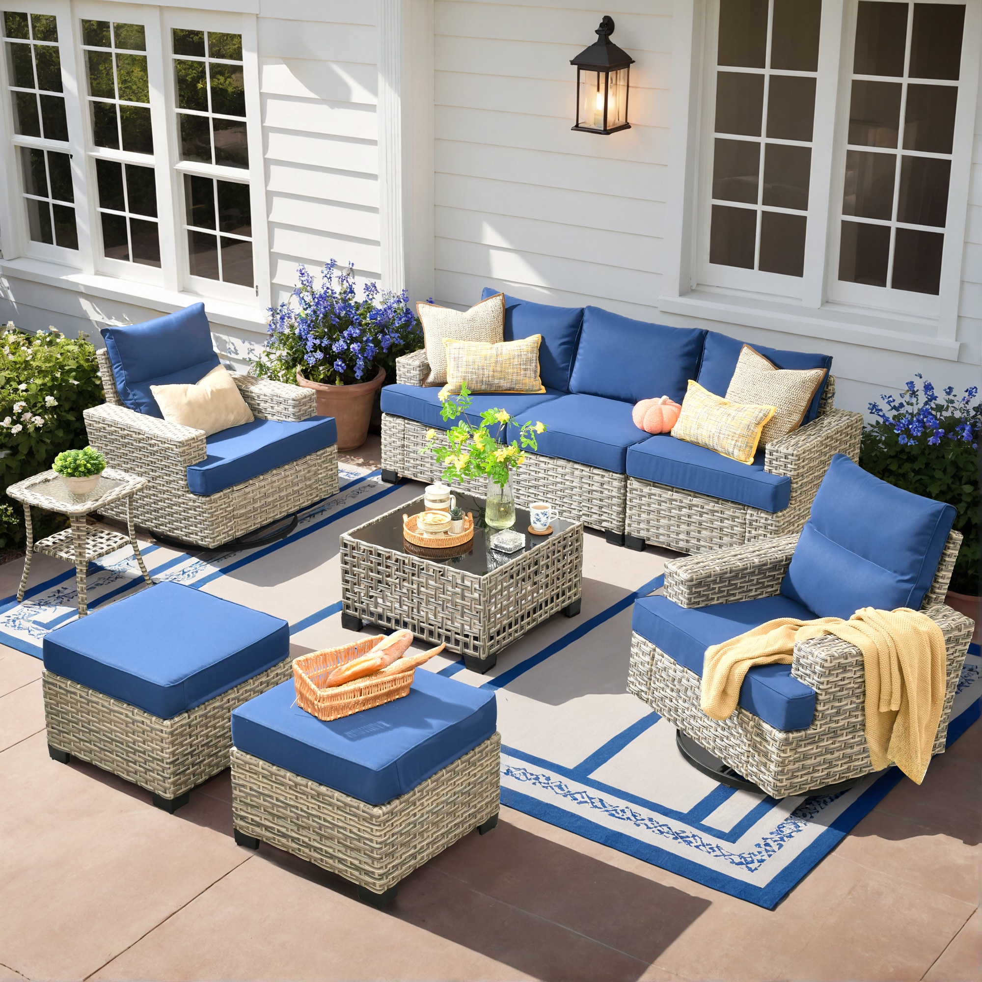 XIZZI XITBS7074-RC3 Agate 7 -Piece Rattan Patio Sofa Conversation Set with Navy Cushions