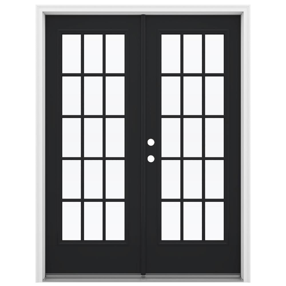 JELD-WEN LOWOLJW238700057 60-in x 80-in x 4-9/16-in Jamb Low-E External grilles , Black Steel Right-hand inswing French Double Patio Door Brickmould Included