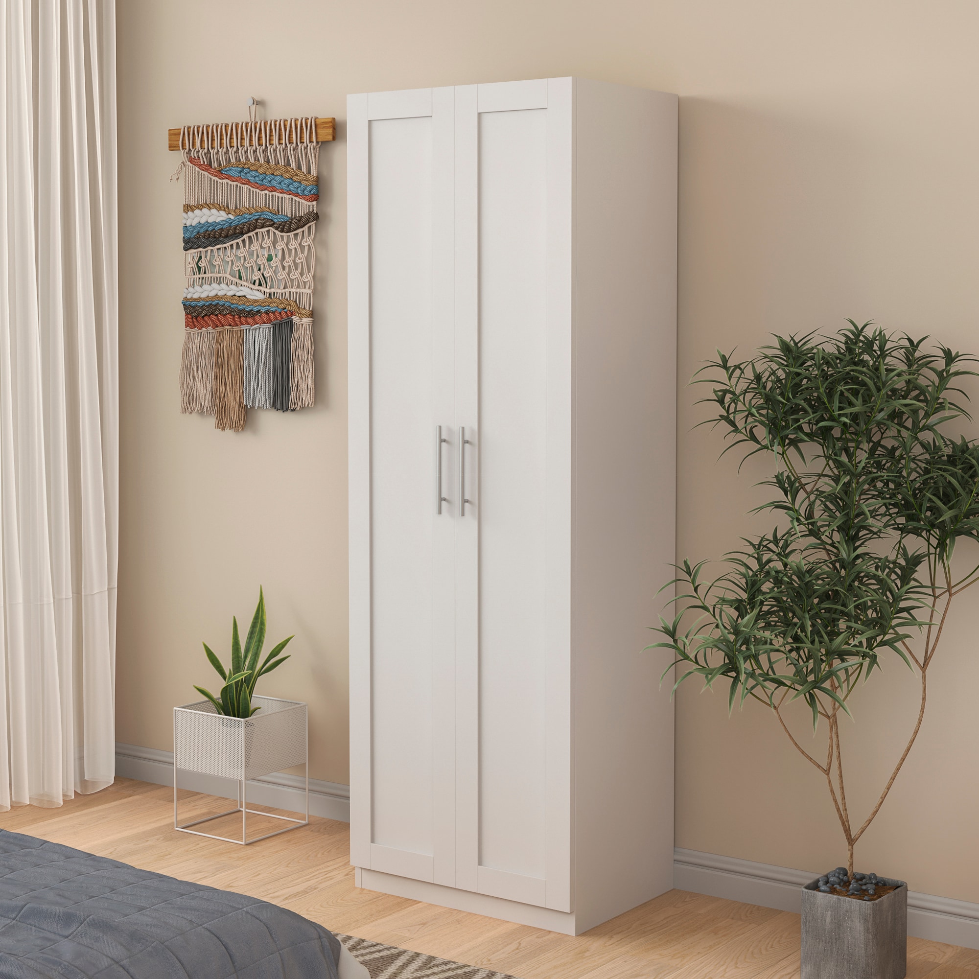 GDFStudio 333210 Cookton Modern 2 Door 4 Compartment Tall Wardrobe Storage Cabinet White
