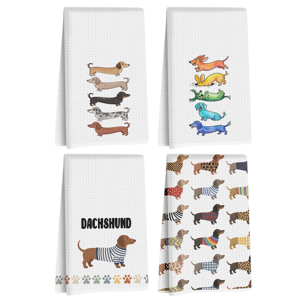 Etokfoks -  Multicolor Dachshund Pattern Microfiber Kitchen Towel Set of 4 Absorbent Non Abrasive...