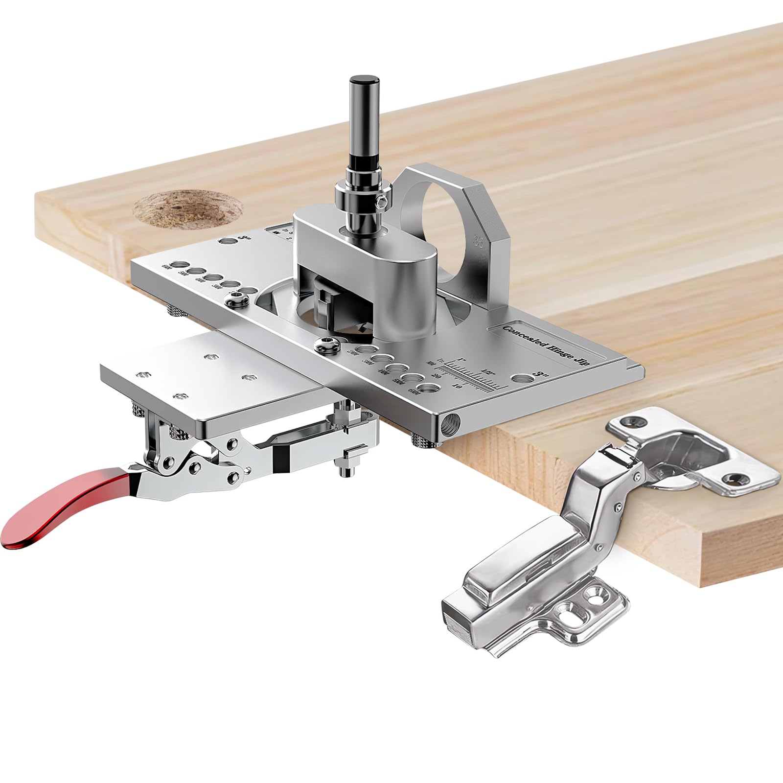 AOIZGMY  35mm Concealed Door Hinge Jig Cabinet Hinge Hole Drilling Jig with Quick Clamp and Dust Vacuum Adapter Precision Metal Woodworking