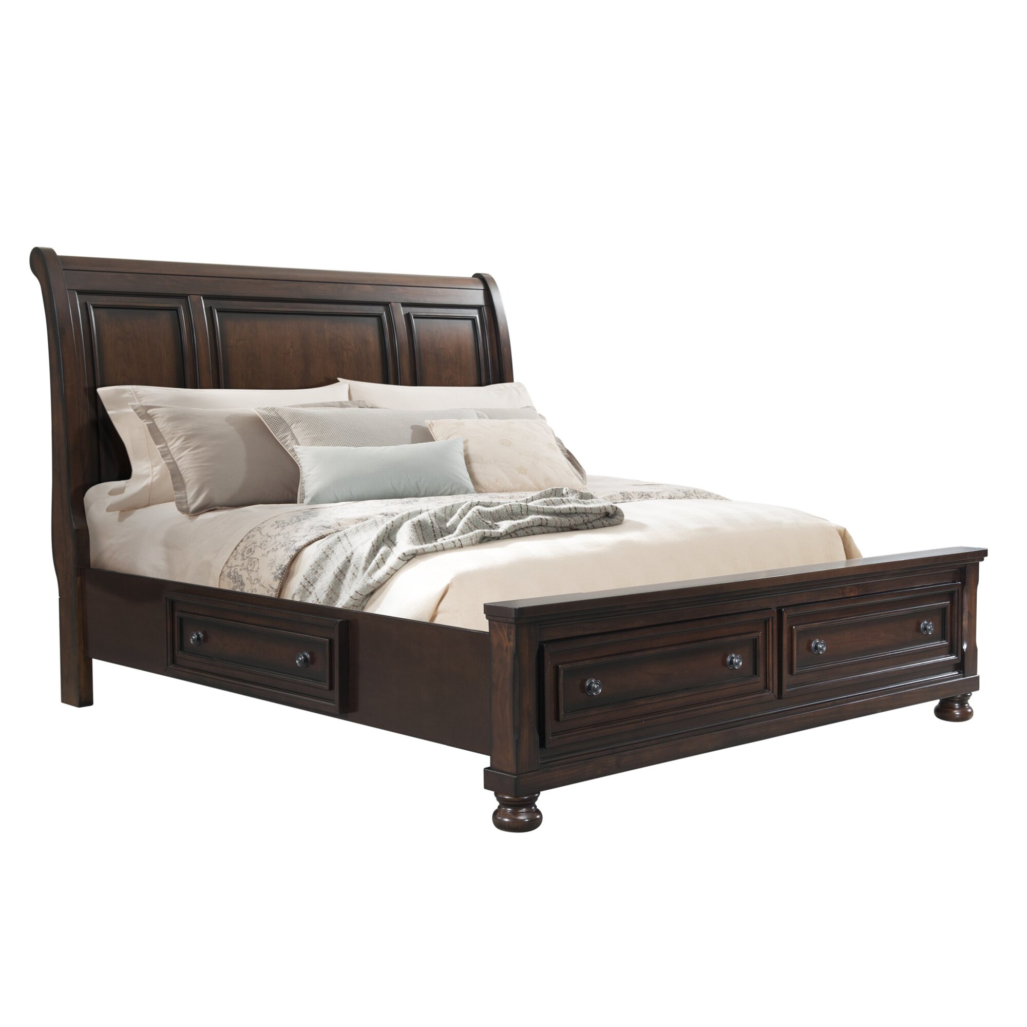 King Cherry Walnut Wood Storage Bed with Headboard and Drawers