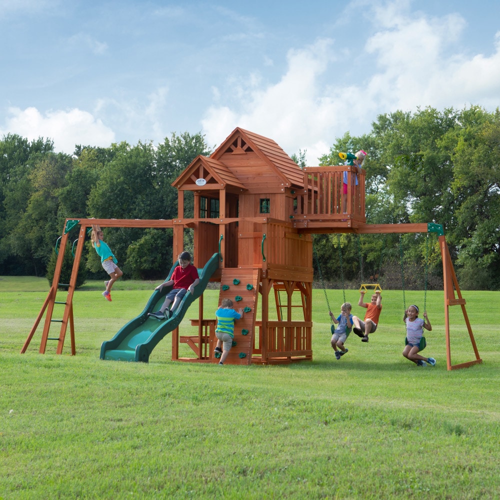 Backyard Discovery 6113DCOM Skyfort II Residential Wood Playset with 3 Swings and Slide Included