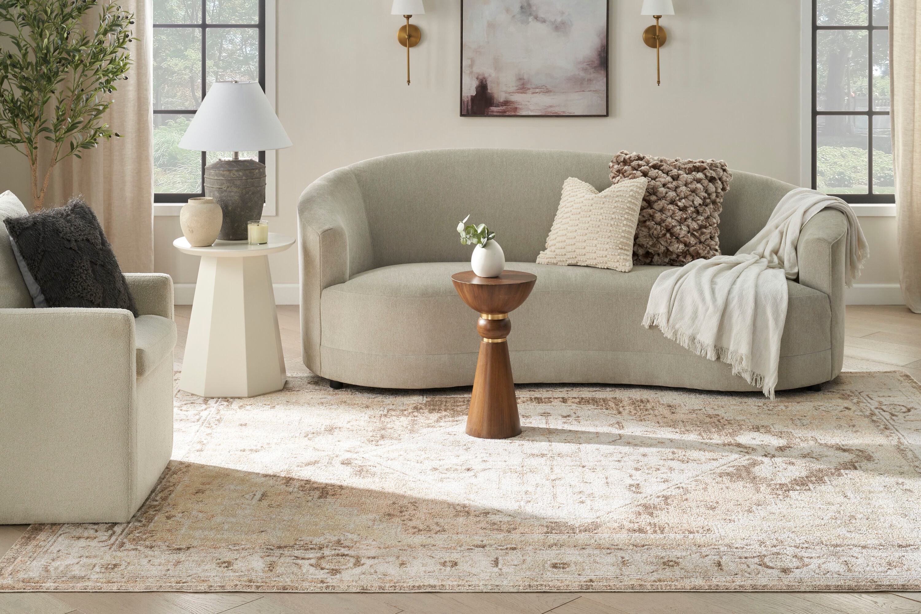 Astra Beige Floral Synthetic Rectangular Washable Area Rug