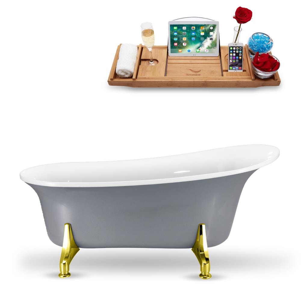Streamline N1101GLD 66.9291-in x 30.7087-in Glossy Grey Acrylic Oval Clawfoot Soaking Bathtub with Drain (Reversible Drain)