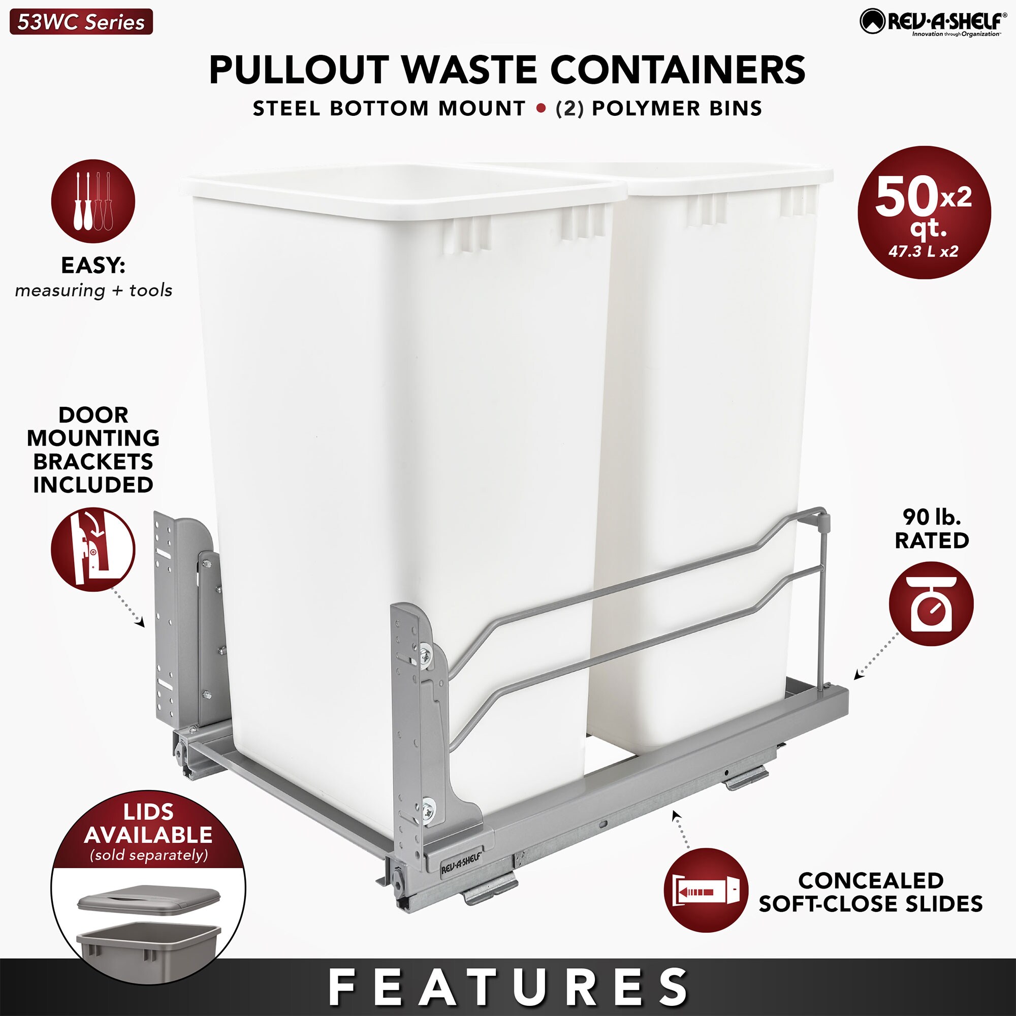 45 Quart Double Bins, Bottom Mount Soft Close Pull Out Trash Can Wooden Drawer Couver