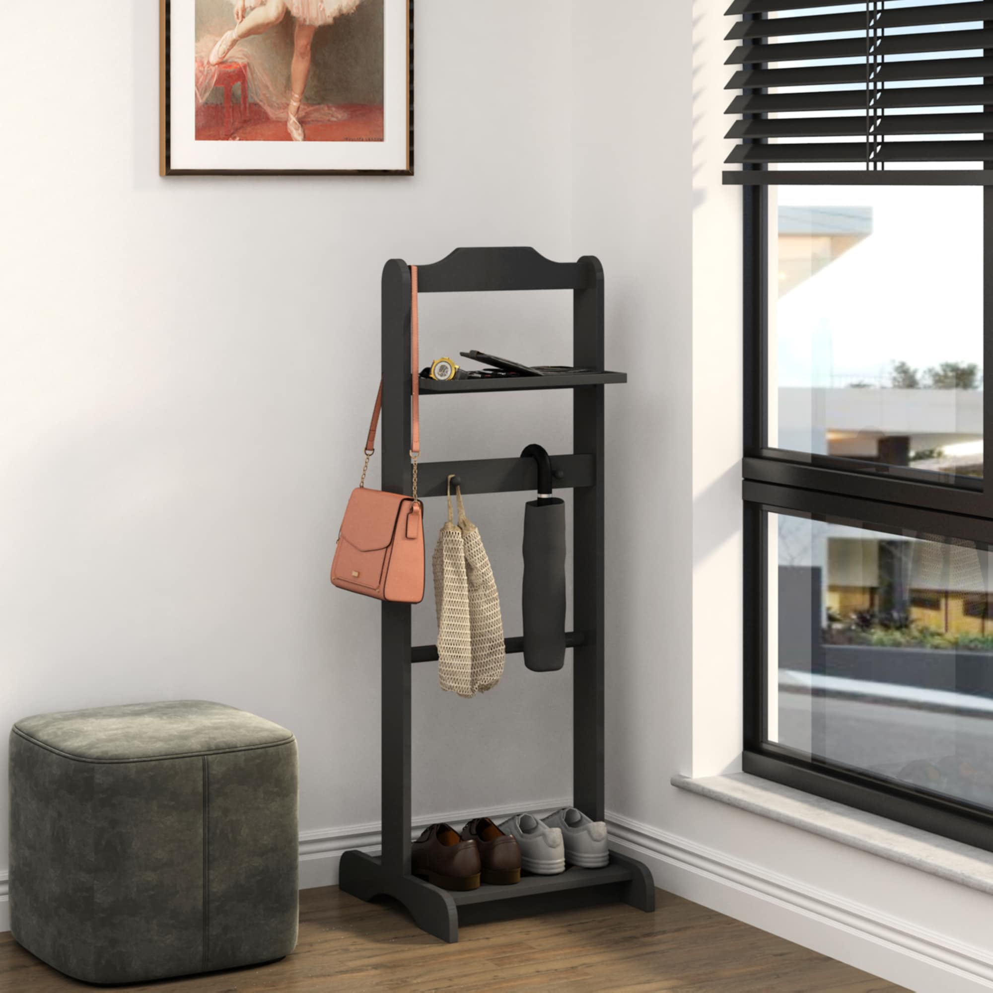 LOVMOR SF-M-W760P145329 Accent Portable Garment Rack Clothes Valet Stand with Storage Organizer Black Finish