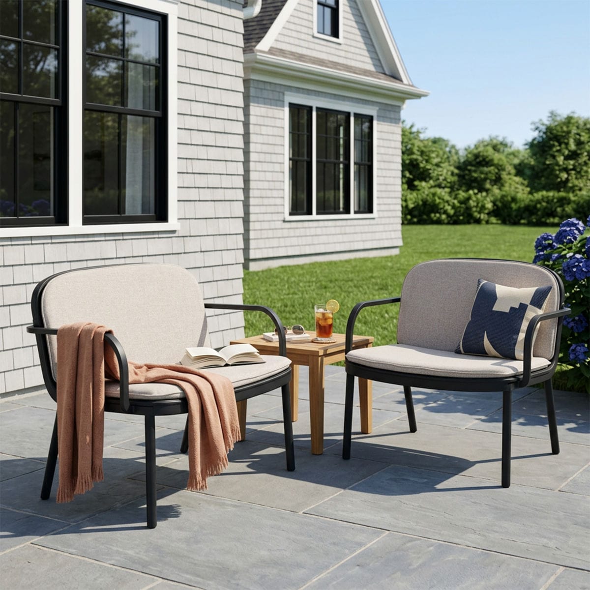 Wooakway - 2 Piece Outdoor Club Chair Set Black Frame with Beige Cushion