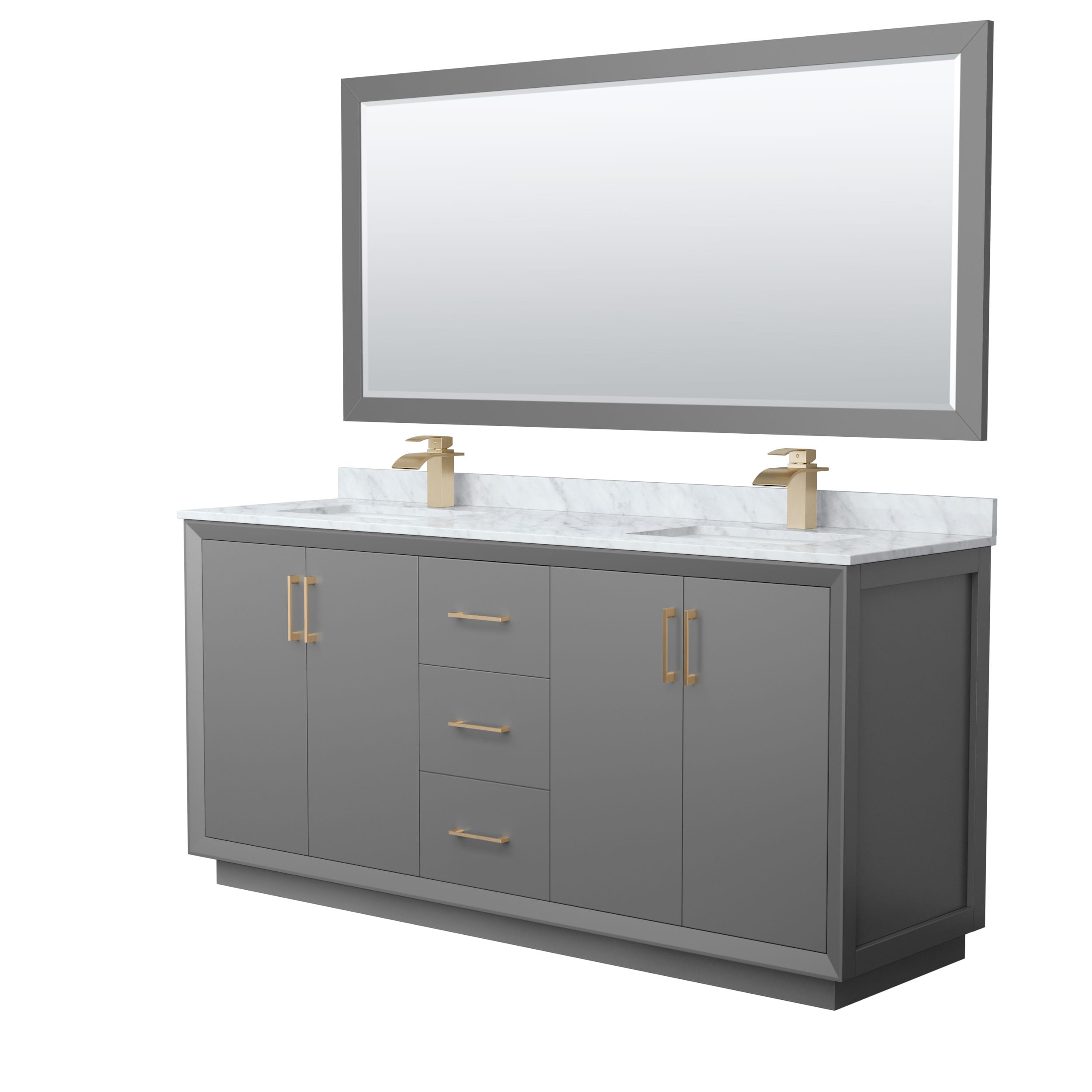 Wyndham Collection WCF414172DGZCMUNSM70 Strada 72-in Dark Gray with Satin Bronze Trim Undermount Double Sink Bathroom Vanity with White Carrara Marble Natural Marble Top (Mirror Included)