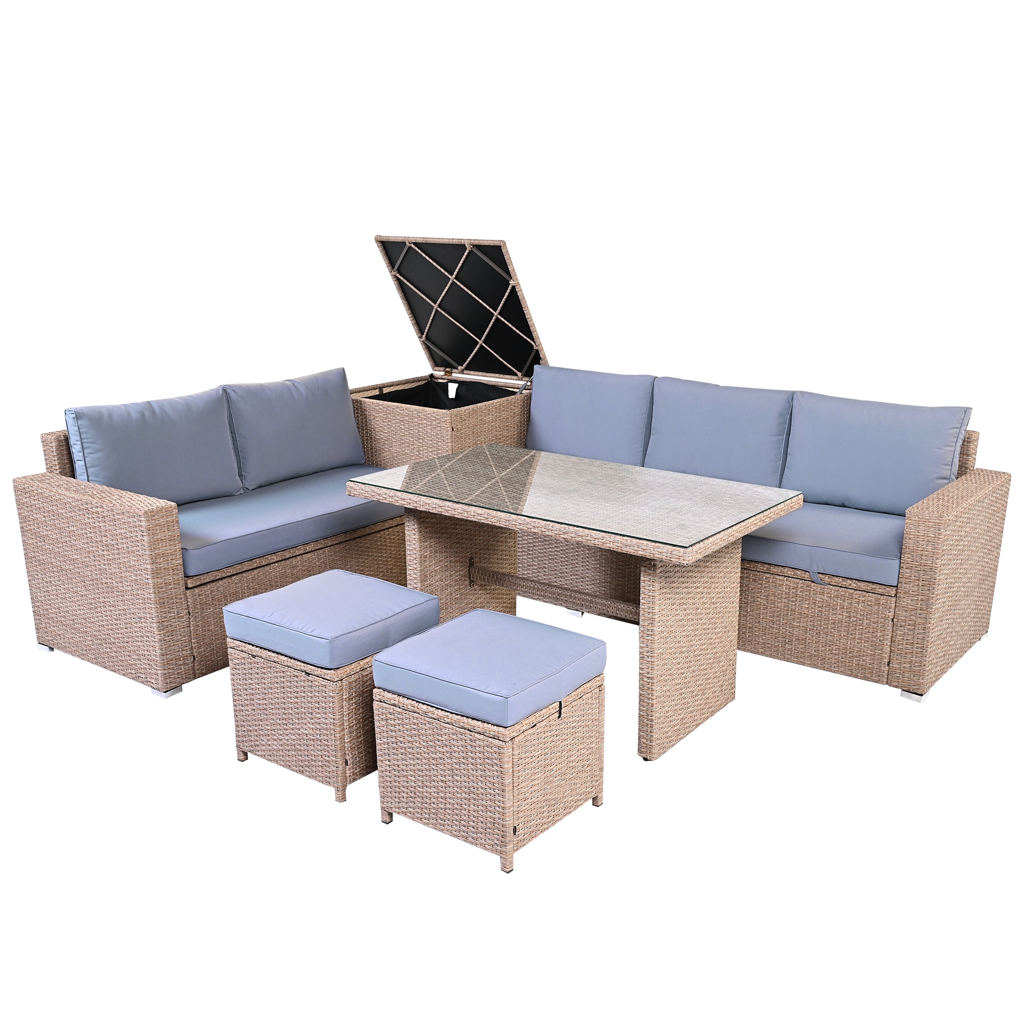 SINOFURN SYA010503GY Rattan Outdoor Sectional with Blue Cushions and Rattan Frame