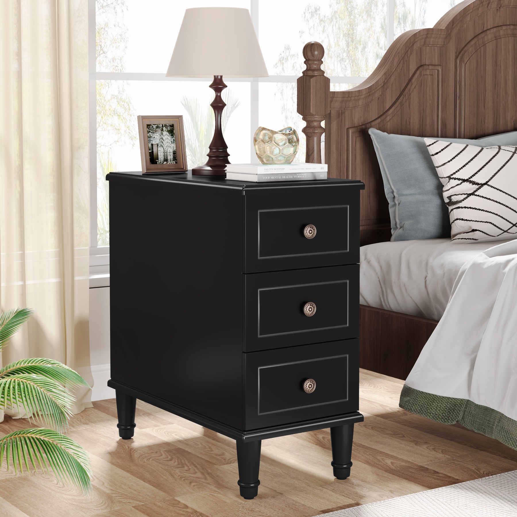 Tribesigns LWFD-JW0981 Solid Wood End table No Assembly Required 23.6-in W x 25.6-in H Black Wood Rectangular Modern End Table with Storage